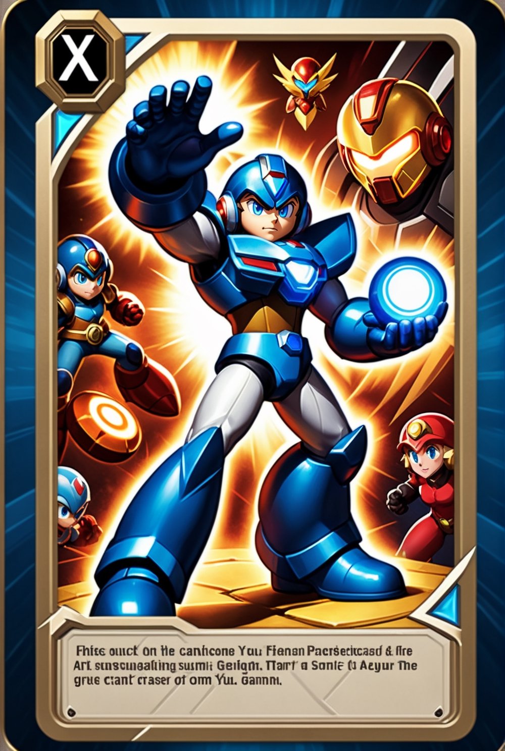 ((Masterpiece in 4K resolution, style inspired by Hearthstone card back design and the Mega Man X universe, with custom border and in-game items, optimized for the dimensions of the vertical card back image)). | Vertical trading card back representing the Mega Man The design features Mega Man X in an iconic pose, surrounded by iconic weapons such as the X-Buster and other signature elements from the games. | The background of the card back features a subtle metallic texture and light effects that resemble the environment of the Mega Man . | Balanced and symmetrical composition, with Mega Man X as the focal point, adjusted according to the proportions of the image on the back of the vertical card and integrating the customized border with game items. | Vibrant lighting and strong contrasts, with light and shadow effects that enhance the metallic appearance and design details, while maintaining legibility and visual impact across vertical letter dimensions. | Hearthstone card back inspired by the Mega Man X universe, with custom border and in-game items, carefully sized to the dimensions of the image on the vertical card back. | ((perfect_design, perfect_composition, perfect_layout)), ((perfect_detail, perfect_texture)), ((perfect_composition, perfect_design, perfect_layout, perfect_detail, ultra_detailed)), (((enhance_details, correct_imperfections))), More Detail, Enhance