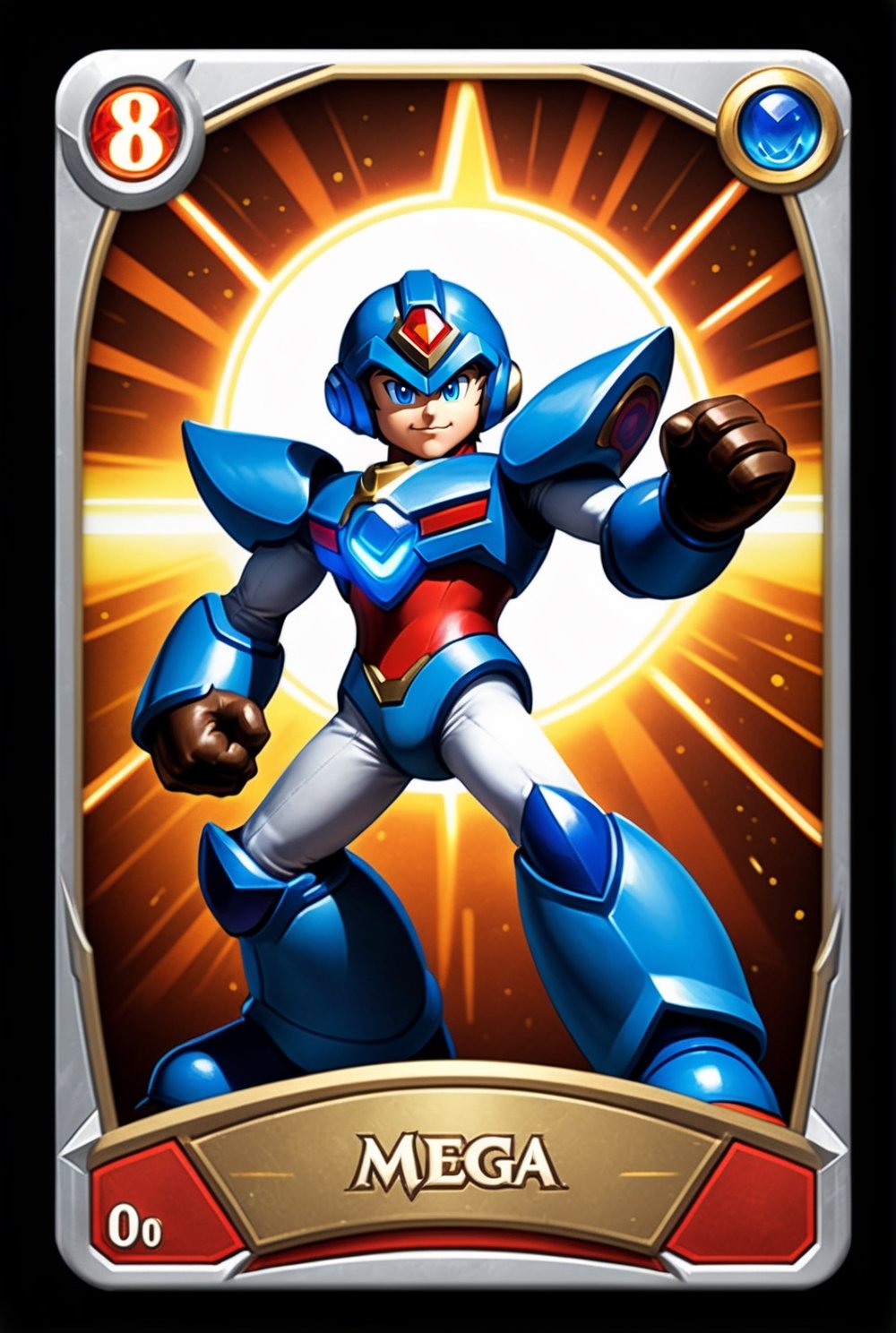 ((Masterpiece in 4K resolution, style inspired by Hearthstone card back design and the Mega Man X universe, with custom border and in-game items, optimized for the dimensions of the vertical card back image)). | Vertical trading card back representing the Mega Man The design features Mega Man X in an iconic pose, surrounded by iconic weapons such as the X-Buster and other signature elements from the games. | The background of the card back features a subtle metallic texture and light effects that resemble the environment of the Mega Man . | Balanced and symmetrical composition, with Mega Man X as the focal point, adjusted according to the proportions of the image on the back of the vertical card and integrating the customized border with game items. | Vibrant lighting and strong contrasts, with light and shadow effects that enhance the metallic appearance and design details, while maintaining legibility and visual impact across vertical letter dimensions. | Hearthstone card back inspired by the Mega Man X universe, with custom border and in-game items, carefully sized to the dimensions of the image on the vertical card back. | ((perfect_design, perfect_composition, perfect_layout)), ((perfect_detail, perfect_texture)), ((perfect_composition, perfect_design, perfect_layout, perfect_detail, ultra_detailed)), (((enhance_details, correct_imperfections))), More Detail, Enhance