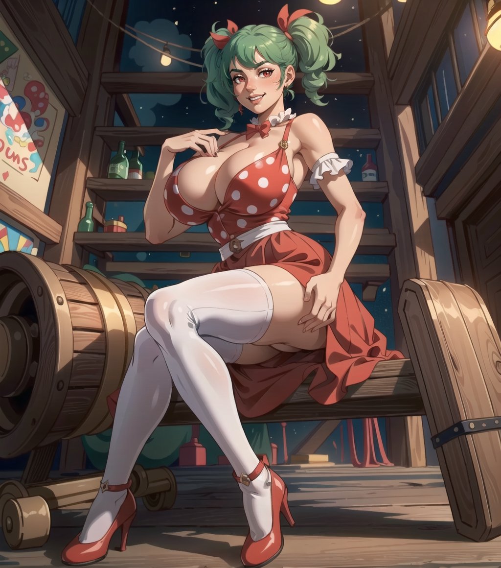 ((Masterpiece in 8K resolution, realistic style with pop art and surrealism influences.)) | In the center of a vintage circus, Karla, an attractive 22-year-old woman with large breasts, wears a white clown outfit with red polka dots, a red accordion skirt and red clown shoes with long toes. Her (her (short green hair features two pigtails)), while her ((red eyes)) exude a seductive look and a ((depraved smile)) reveals her shiny teeth. | The scene takes place in a ring, surrounded by wooden and metal structures, with warm lighting that enhances the magical atmosphere of the circus. | Composition in medium shot, with a slightly low angle to emphasize Karla's imposing presence. | Dramatic lighting effects and soft shadows create a contrast between the innocence of the setting and Karla's seductive expression. | ((Karla, the charming clown with a seductive look and a depraved smile in the vintage circus.)) | {The camera is positioned very close to her, revealing her entire body as she assumes a sensual pose, interacting with and leaning against a structure in the scene in an exciting way.} | She takes a (((sensual pose as she interacts, boldly leaning on a structure, leaning back in an exciting way))), (((((full-body_image))))), ((perfect_pose, perfect_anatomy, perfect_body)), ((perfect_finger, perfect_fingers, perfect_hand, perfect_hands, better_hands)), ((More Detail, ultra_detailed, Enhance))