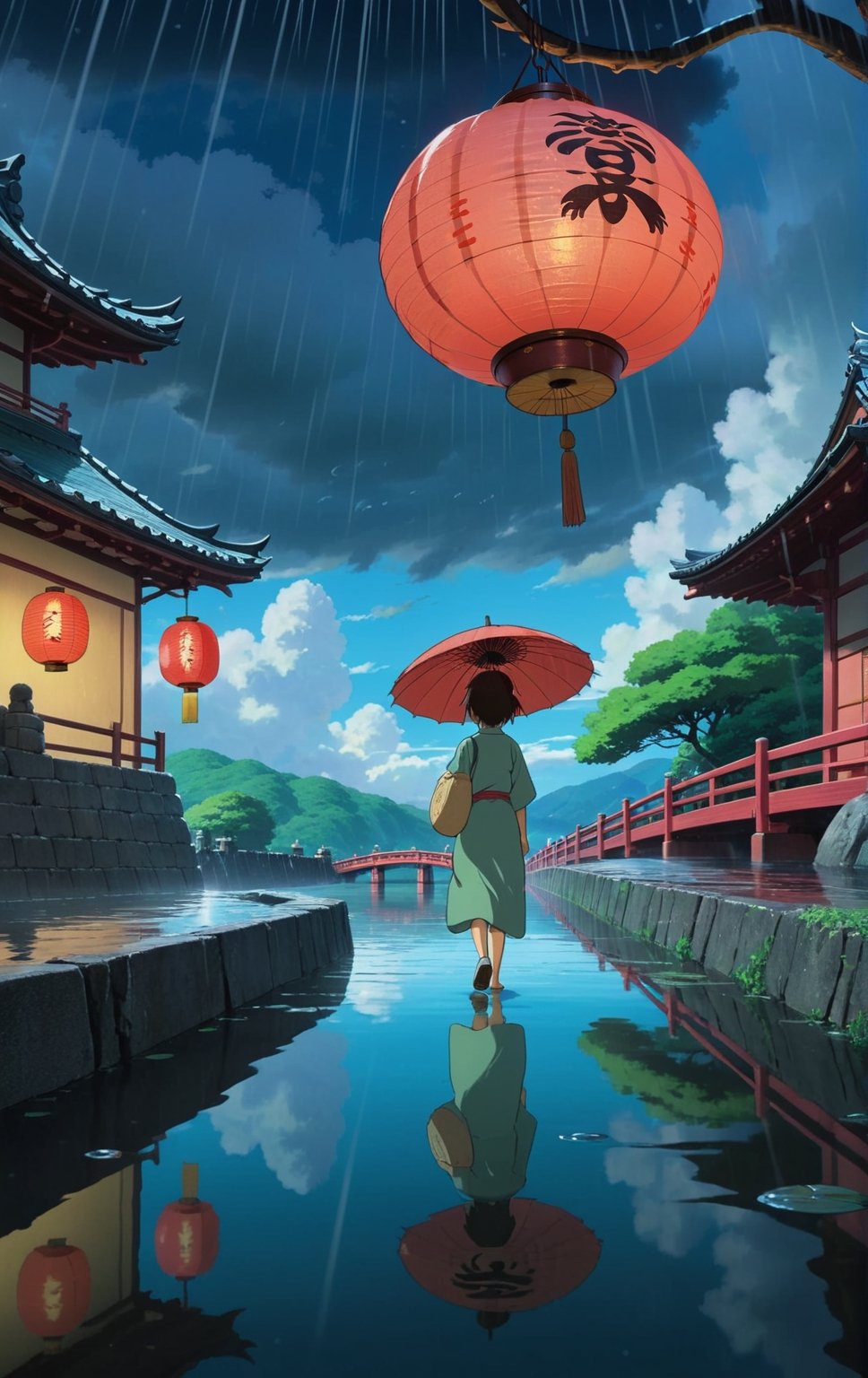 ((Movie poster in 4K resolution, style inspired by Studio Ghibli, focusing on vibrant colors, delicate details and magical atmosphere)). | A stunning poster for "Spirited Away", featuring the young protagonist Chihiro and the dragon Haku in a night scene with heavy rain. Chihiro is staring into the distance with determination, while Haku hovers protectively above her in dragon form. | The setting is a traditional Japanese public bath, with thatched roofs, wooden walls and paper lanterns, now wet from heavy rain. The iconic red bridge stands out in the background. | The composition follows the rule of thirds, with Chihiro and Haku positioned at the points of intersection. The "Spirited Away" movie logo is positioned at the top, with the 4K icon in the bottom right corner. | Dramatic lighting effects and water reflections enhance the beauty of the night and rainy scene. | An emotional poster for "Spirited Away", featuring Chihiro and the dragon Haku on a night of torrential rain. | ((perfect_composition, perfect_design, perfect_layout, perfect_detail, ultra_detailed, enhance_details, correct_imperfections)), ((More Detail, Enhance)), Enhanced All,ghibli,Enhanced All