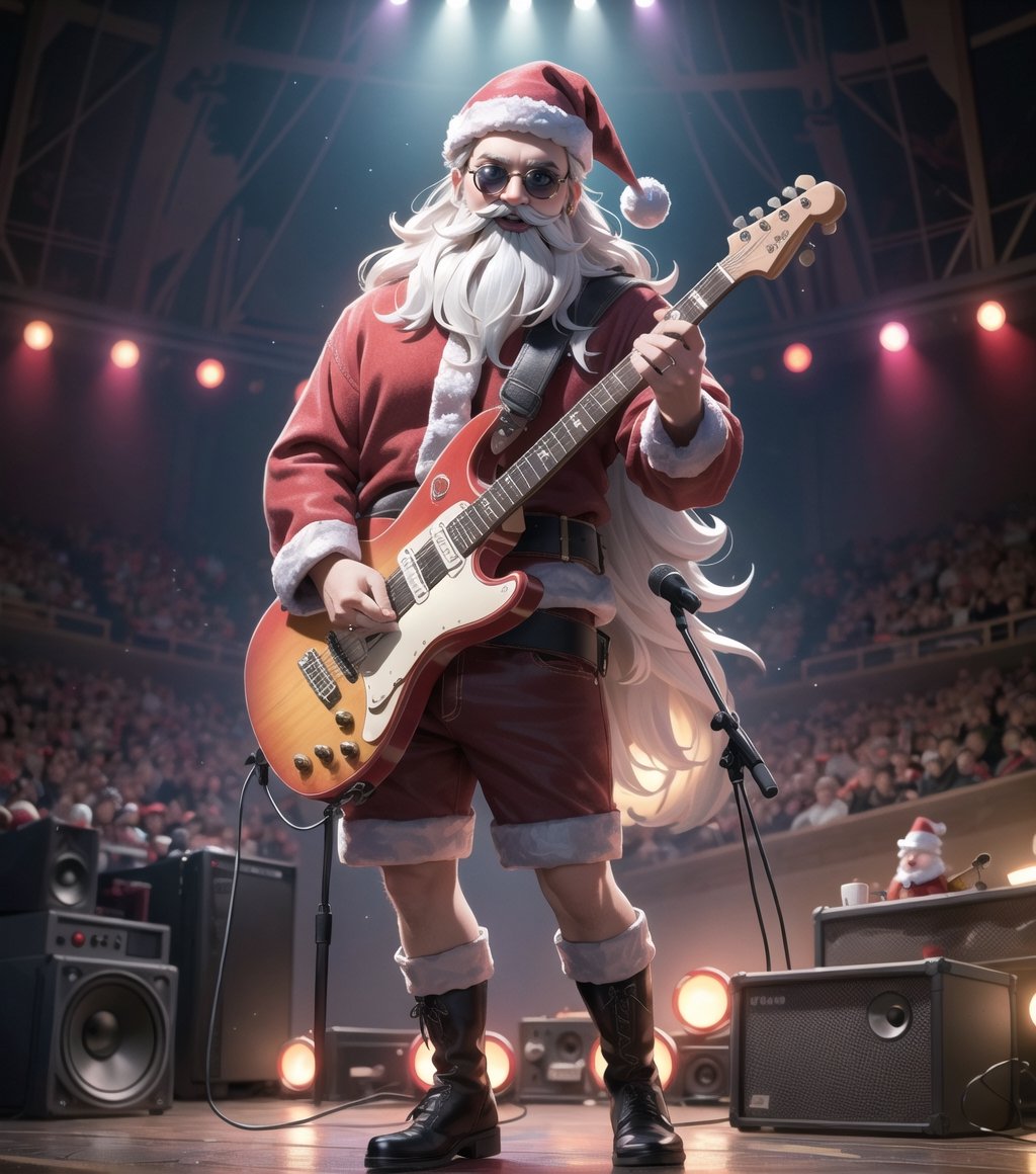 ((Masterpiece in maximum 16K resolution, realistic and colorful illustration style, with touches of fantasy and magic.)) | Santa Claus is on stage at a rock concert, playing a red and white electric guitar, dressed in his traditional red and white costume, with black boots and a black leather belt. His white hair and beard are down, and he wears sunglasses. | The stage is full of sound equipment and colorful lights, with amplifiers, speakers, and a drum set behind it. The crowd is excited, screaming and cheering, while Santa Claus unleashes incredible riffs and guitar solos. | The composition of the scene is dynamic, with camera angles that emphasize the energy of the show and Santa Claus' imposing presence on stage. | The lighting effect is vibrant, with colorful lights that illuminate the stage and create a magical and festive atmosphere. | Santa Claus playing guitar at a rock concert. | {The camera is positioned very close to him, revealing his entire body as he assumes a dynamic pose, interacting with and leaning against a structure in the scene in an exciting way.} | He takes a (((dynamic pose as he interacts, boldly leaning on a structure, leaning back in an exciting way))), (((((full-body_image))))), ((perfect_pose, perfect_anatomy, perfect_body)), ((perfect_finger, perfect_fingers, perfect_hand, perfect_hands, better_hands)1.0), ((More Detail, ultra_detailed, Enhance)).