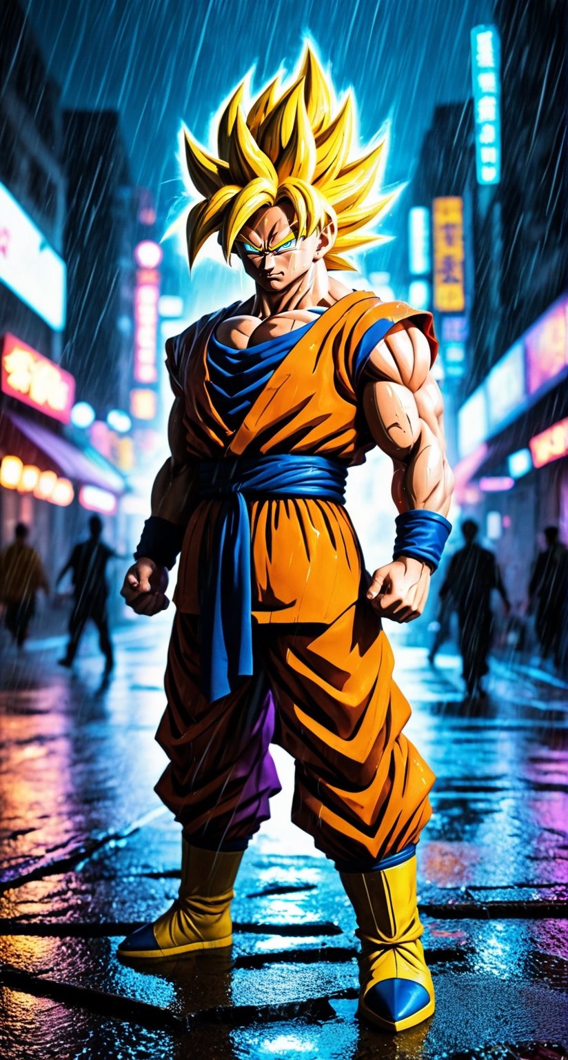Masterpiece in UHD resolution, action anime style with a focus on lighting and movement effects, inspired by the works of Akira Toriyama and Toyotaro. | Goku transformed into Super Saiyan 3, with long hair and a fiery golden aura, is in the middle of a city at night during a heavy rain. His eyes are filled with fury and determination, while his body radiates incredibly powerful ki. | The city is lit by neon lights in blue and purple, creating reflections on the damp buildings and puddles of water in the street. The camera angle is slightly tilted, enhancing the dramatic intensity of the scene. | The composition of the image follows the rule of thirds, with Goku positioned at the point of intersection of the lines. | Dramatic lighting effects and dynamic ki movement create a stunning contrast between the heavy rain and Goku's fiery energy. | Goku in his Super Saiyan 3 form, furious and radiating ki in the middle of a city at night during heavy rain. | ((perfect_composition, perfect_design, perfect_layout, perfect_detail, ultra_detailed, enhance_details, correct_imperfections)), ((More Detail, Enhance)),