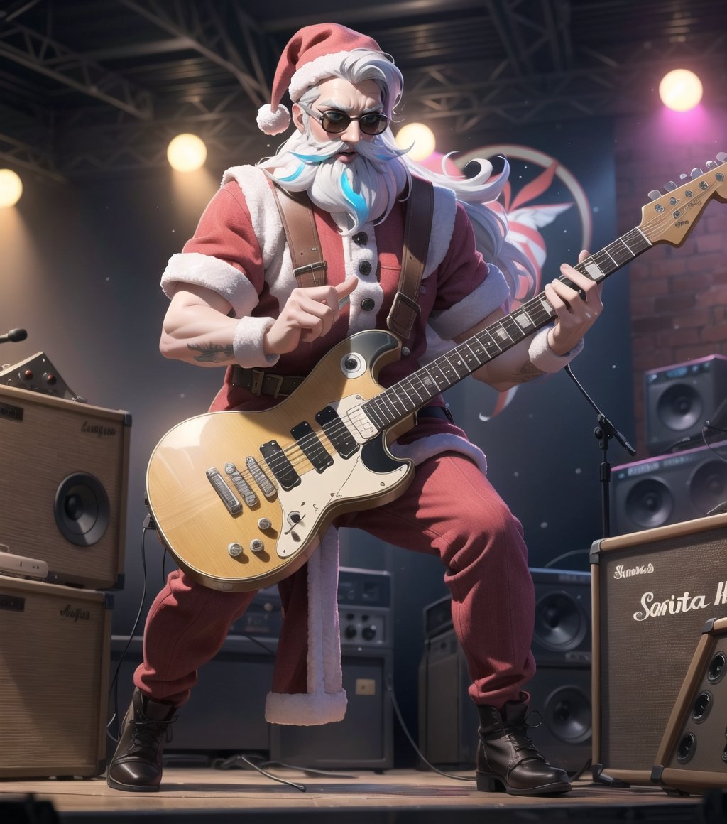 ((Masterpiece in maximum 16K resolution, realistic and colorful illustration style, with touches of fantasy and magic.)) | Santa Claus is on stage at a rock concert, playing a red and white electric guitar, dressed in his traditional red and white costume, with black boots and a black leather belt. His white hair and beard are down, and he wears sunglasses. | The stage is full of sound equipment and colorful lights, with amplifiers, speakers, and a drum set behind it. The crowd is excited, screaming and cheering, while Santa Claus unleashes incredible riffs and guitar solos. | The composition of the scene is dynamic, with camera angles that emphasize the energy of the show and Santa Claus' imposing presence on stage. | The lighting effect is vibrant, with colorful lights that illuminate the stage and create a magical and festive atmosphere. | Santa Claus playing guitar at a rock concert. | {The camera is positioned very close to him, revealing his entire body as he assumes a dynamic pose, interacting with and leaning against a structure in the scene in an exciting way.} | He takes a (((dynamic pose as he interacts, boldly leaning on a structure, leaning back in an exciting way))), (((((full-body_image))))), ((perfect_pose, perfect_anatomy, perfect_body)), ((perfect_finger, perfect_fingers, perfect_hand, perfect_hands, better_hands)1.0), ((More Detail, ultra_detailed, Enhance)).