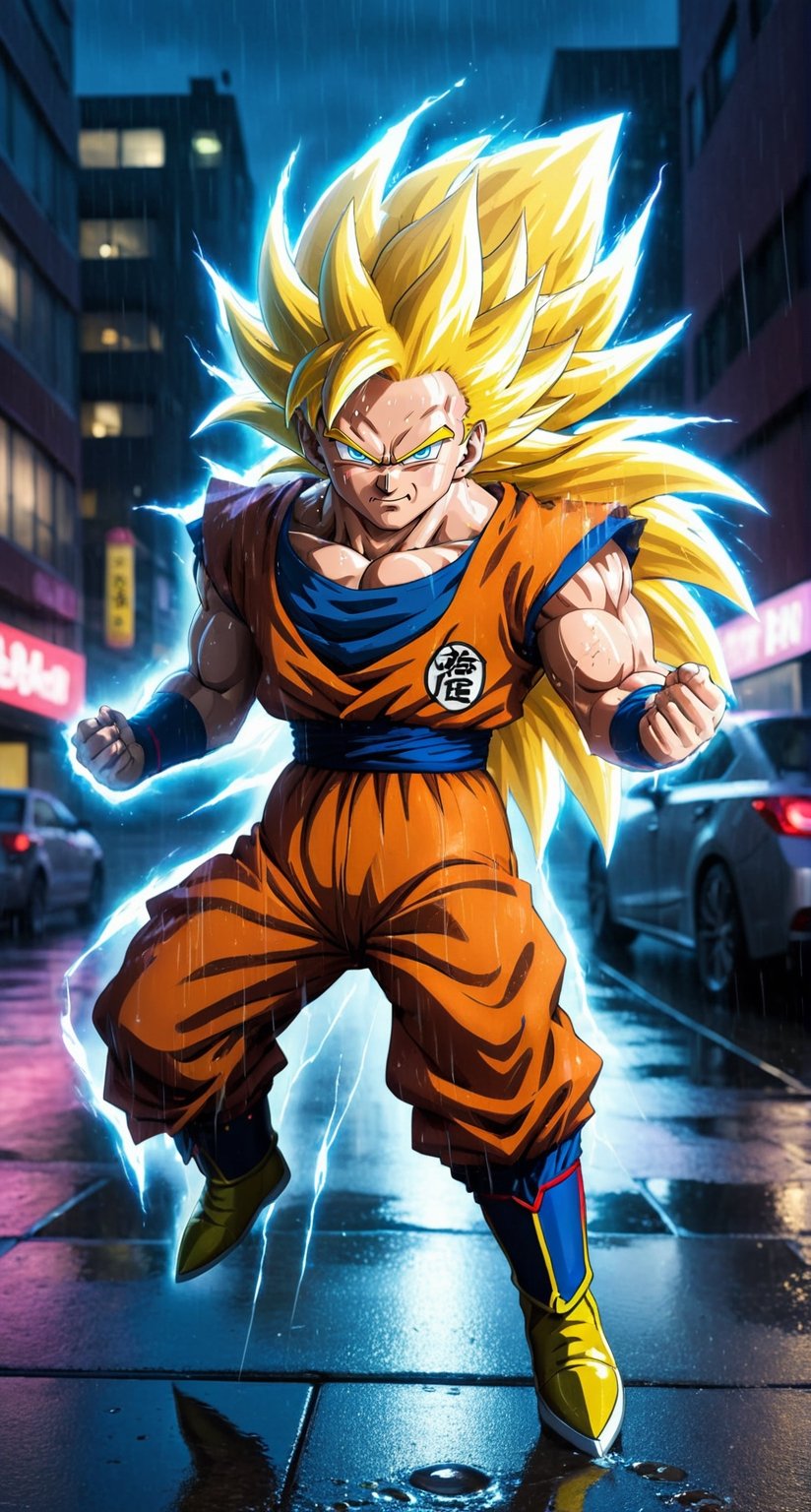 Masterpiece in UHD resolution, action anime style with a focus on lighting and movement effects, inspired by the works of Akira Toriyama and Toyotaro. | Goku transformed into Super Saiyan 3, with long hair and a fiery golden aura, is in the middle of a city at night during a heavy rain. His eyes are filled with fury and determination, while his body radiates incredibly powerful ki. | The city is lit by neon lights in blue and purple, creating reflections on the damp buildings and puddles of water in the street. The camera angle is slightly tilted, enhancing the dramatic intensity of the scene. | The composition of the image follows the rule of thirds, with Goku positioned at the point of intersection of the lines. | Dramatic lighting effects and dynamic ki movement create a stunning contrast between the heavy rain and Goku's fiery energy. | Goku in his Super Saiyan 3 form, furious and radiating ki in the middle of a city at night during heavy rain. | ((perfect_composition, perfect_design, perfect_layout, perfect_detail, ultra_detailed, enhance_details, correct_imperfections)), ((More Detail, Enhance)),vegeta,gohan,Enhanced All