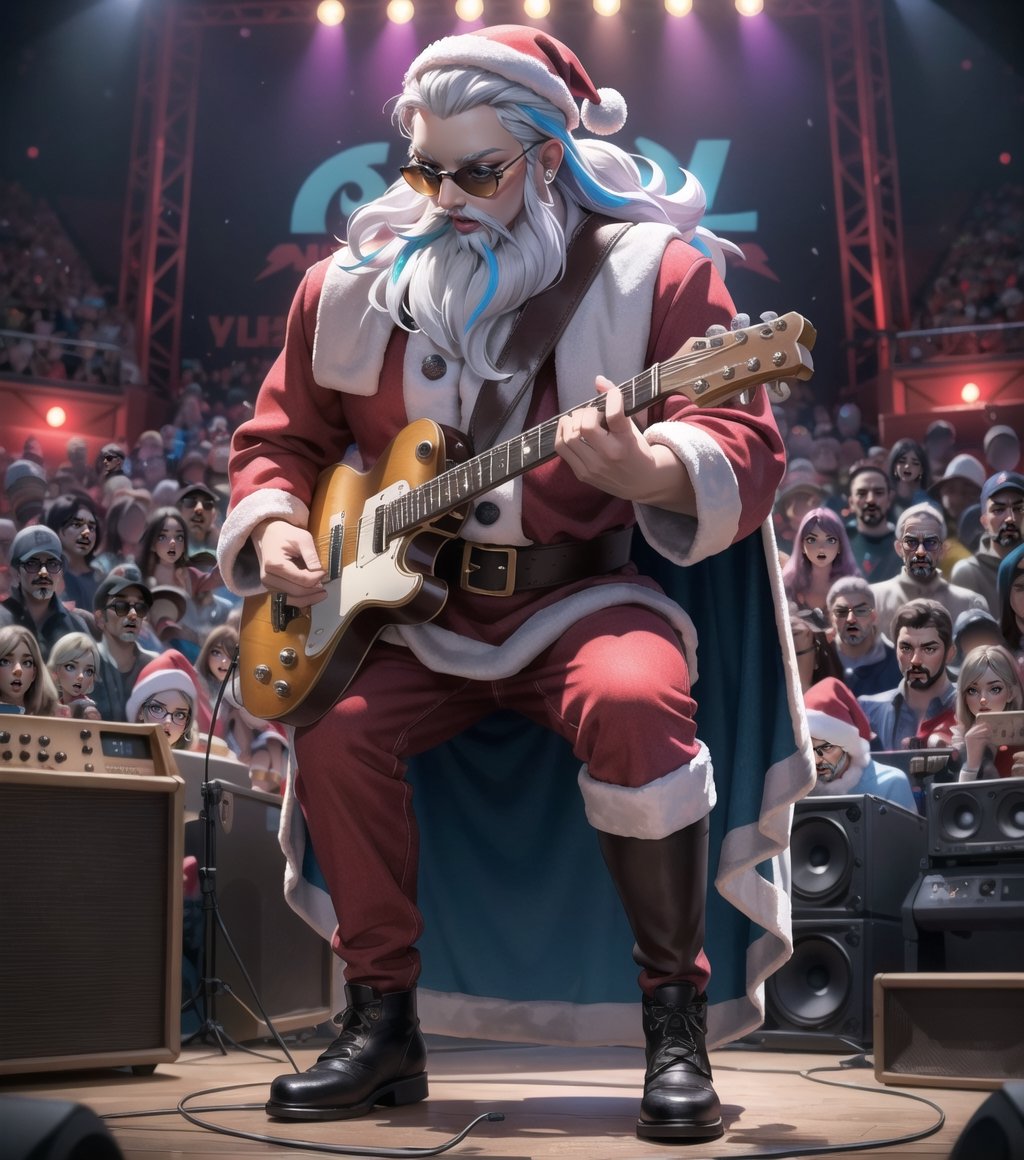 ((Masterpiece in maximum 16K resolution, realistic and colorful illustration style, with touches of fantasy and magic.)) | Santa Claus is on stage at a rock concert, playing a red and white electric guitar, dressed in his traditional red and white costume, with black boots and a black leather belt. His white hair and beard are down, and he wears sunglasses. | The stage is full of sound equipment and colorful lights, with amplifiers, speakers, and a drum set behind it. The crowd is excited, screaming and cheering, while Santa Claus unleashes incredible riffs and guitar solos. | The composition of the scene is dynamic, with camera angles that emphasize the energy of the show and Santa Claus' imposing presence on stage. | The lighting effect is vibrant, with colorful lights that illuminate the stage and create a magical and festive atmosphere. | Santa Claus playing guitar at a rock concert. | {The camera is positioned very close to him, revealing his entire body as he assumes a dynamic pose, interacting with and leaning against a structure in the scene in an exciting way.} | He takes a (((dynamic pose as he interacts, boldly leaning on a structure, leaning back in an exciting way))), (((((full-body_image))))), ((perfect_pose, perfect_anatomy, perfect_body)), ((perfect_finger, perfect_fingers, perfect_hand, perfect_hands, better_hands)1.0), ((More Detail, ultra_detailed, Enhance)).