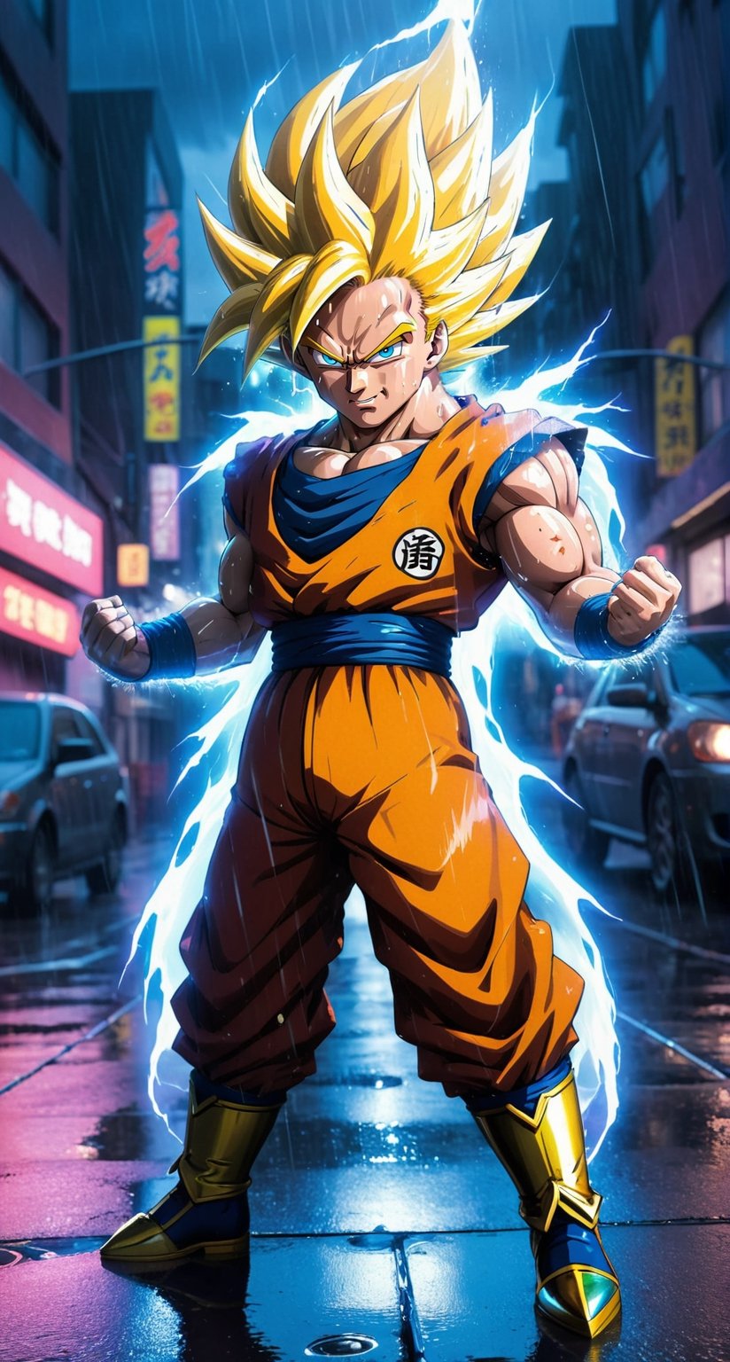 Masterpiece in UHD resolution, action anime style with a focus on lighting and movement effects, inspired by the works of Akira Toriyama and Toyotaro. | Goku transformed into Super Saiyan 3, with long hair and a fiery golden aura, is in the middle of a city at night during a heavy rain. His eyes are filled with fury and determination, while his body radiates incredibly powerful ki. | The city is lit by neon lights in blue and purple, creating reflections on the damp buildings and puddles of water in the street. The camera angle is slightly tilted, enhancing the dramatic intensity of the scene. | The composition of the image follows the rule of thirds, with Goku positioned at the point of intersection of the lines. | Dramatic lighting effects and dynamic ki movement create a stunning contrast between the heavy rain and Goku's fiery energy. | Goku in his Super Saiyan 3 form, furious and radiating ki in the middle of a city at night during heavy rain. | ((perfect_composition, perfect_design, perfect_layout, perfect_detail, ultra_detailed, enhance_details, correct_imperfections)), ((More Detail, Enhance)),vegeta,gohan,Enhanced All