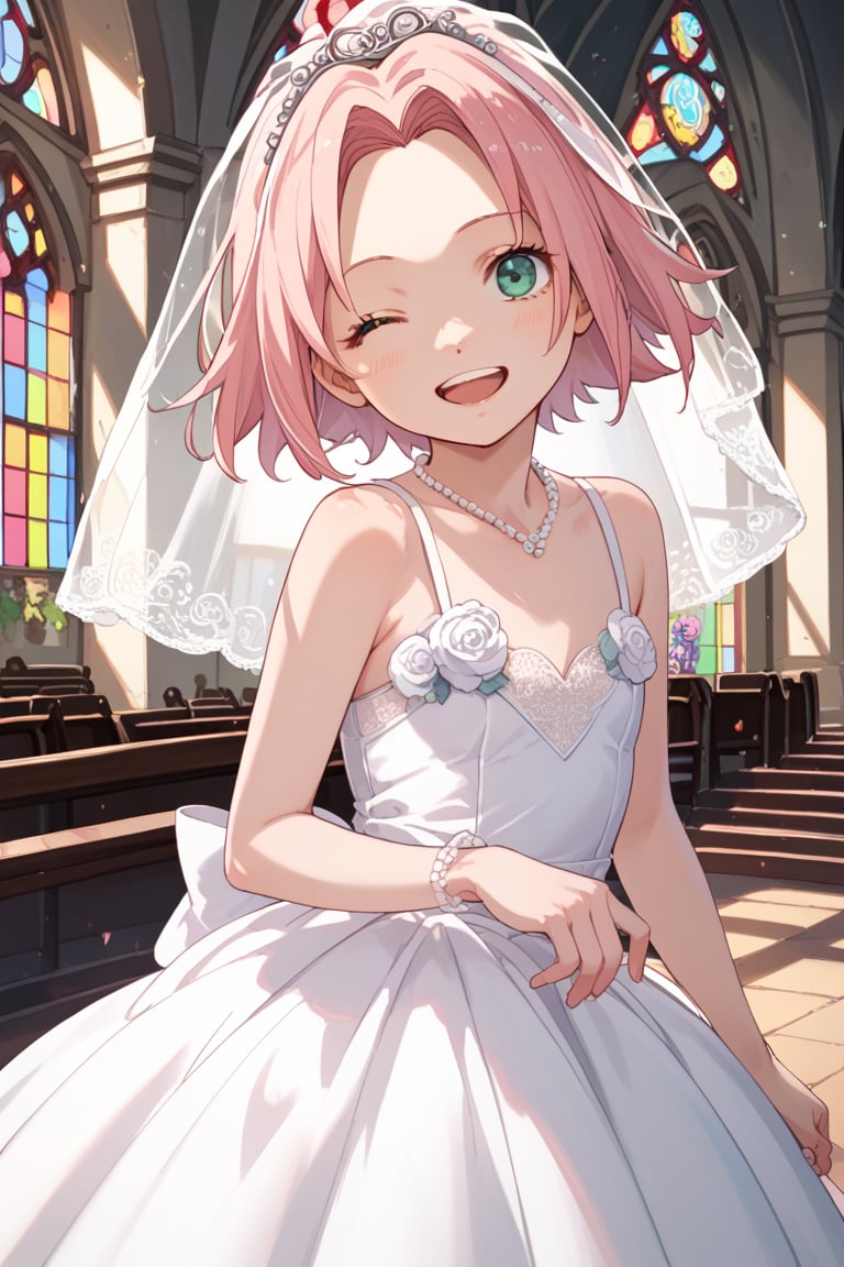 score_9,score_8_up,score_7_up,source anime,very detailed illustration, 1girl,haruno sakura, pink hair, short hair, green eyes,little girl,loli,

wedding dress,looking at viewer,open mouth,smile,solo,winking,church