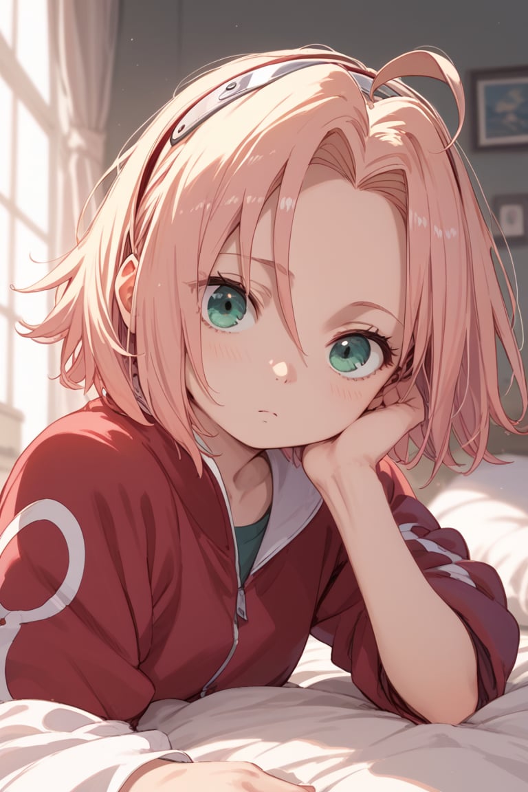 score_9,score_8_up,score_7_up,source anime,very detailed illustration, 1girl,haruno sakura, pink hair, short hair, green eyes,little girl,loli short hair,blonde hair,hair between eyes,sidelocks,ahoge,looking at viewer,indoor,bed,on bed,