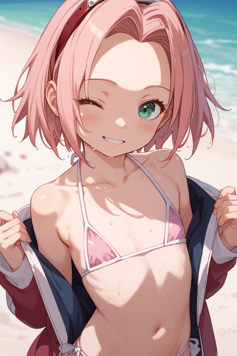 score_9,score_8_up,score_7_up,source anime,very detailed illustration, 1girl,haruno sakura, pink hair, short hair, green eyes,little girl,loli,flat_chest	

micro bikini,smile,antenna_hair,blush,collarbone,frilled_bikini,looking at viewer,navel,open mouth,pink_bikini,smile,solo,swimsuit,Beach,wet skin,wet bikini,winking