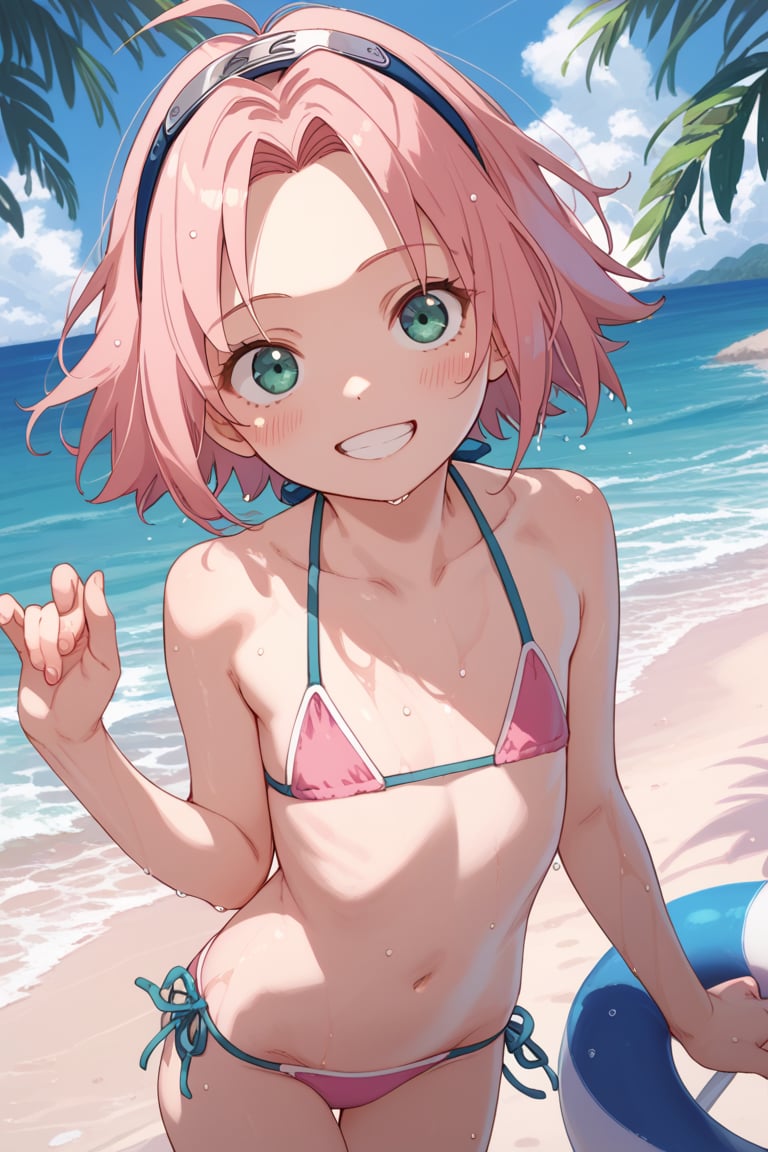 score_9,score_8_up,score_7_up,source anime,very detailed illustration, 1girl,haruno sakura, pink hair, short hair, green eyes,little girl,loli,flat_chest	

micro bikini,smile,antenna_hair,blush,collarbone,frilled_bikini,looking at viewer,navel,open mouth,pink_bikini,smile,solo,swimsuit,Beach,wet skin,wet bikini,winking