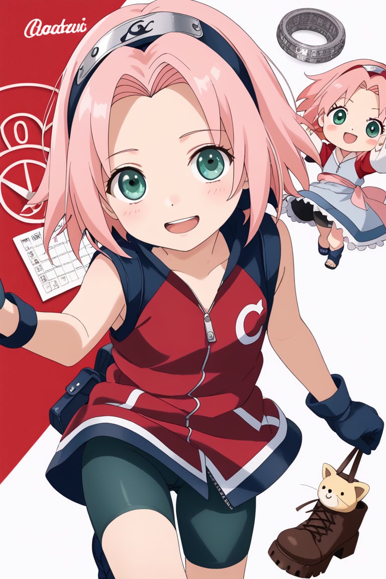 1girl,haruno sakura,little girl,loli, pink hair, short hair, green eyes,gloves, green eyes, sleeveless, black gloves, red shirt, zipper, forehead protector, konohagakure symbol, boots, bike shorts, zipper, toeless footwear

Real photo, stunning image, sharp image, masterpiece, cute anime style realistic girl figure, full body, detailed in every detail, created by Takumi's technique,  made of resin, on a pedestal, decorated pedestal, simple background, gradient paper background,