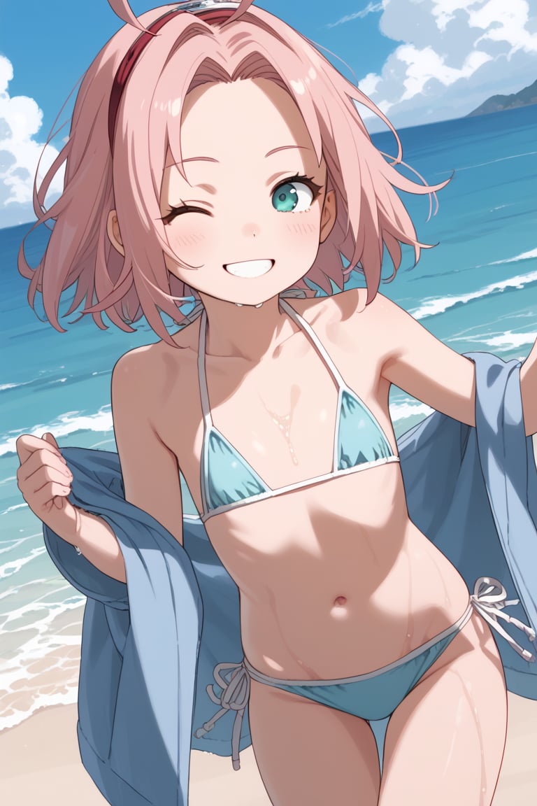 score_9,score_8_up,score_7_up,source anime,very detailed illustration, 1girl,haruno sakura, pink hair, short hair, green eyes,little girl,loli,flat_chest	

micro bikini,smile,antenna_hair,blush,collarbone,frilled_bikini,looking at viewer,navel,open mouth,pink_bikini,smile,solo,swimsuit,Beach,wet skin,wet bikini,winking