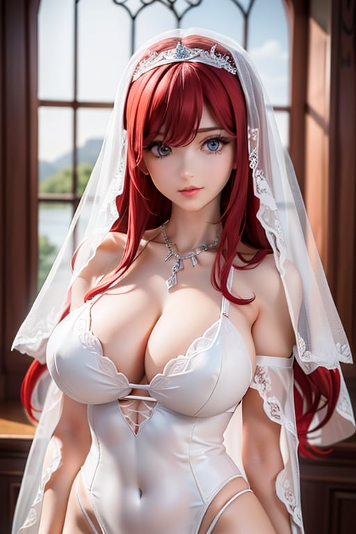 woman,25 years old,beautiful,attractive face,fit body,big breast,long leg,long red hair,wearing lace white evening gown,lace white cloak,white wedding veil,luxury necklace