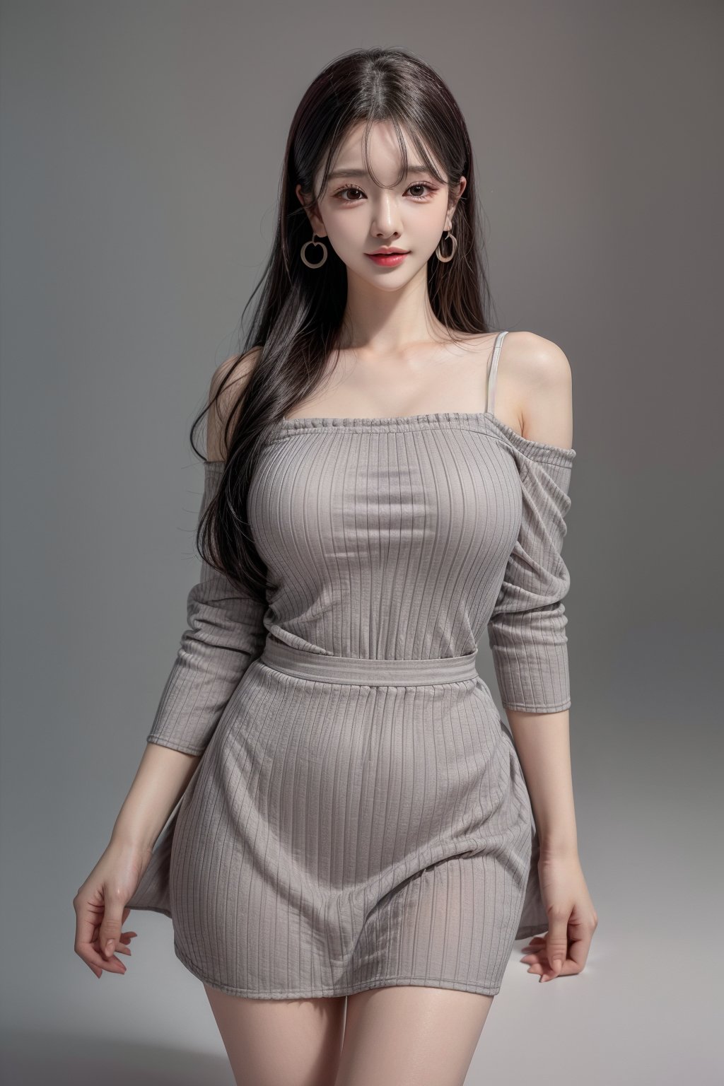 1 girl , solo, Hani, realistic, ((32K CG, UHD, Highly Detail)), (Intricate Detail:1.3), (Highest Quality:1.3), (Masterpiece:1.3), (Surreal:1.3), {beautiful and detailed eyes}, glossy lips, perfect body, lean body, long legs, Glamor body type, delicate facial features, ((a girl wearing grey cotton dress)), happy smile, ear_rings, full_body, high heal