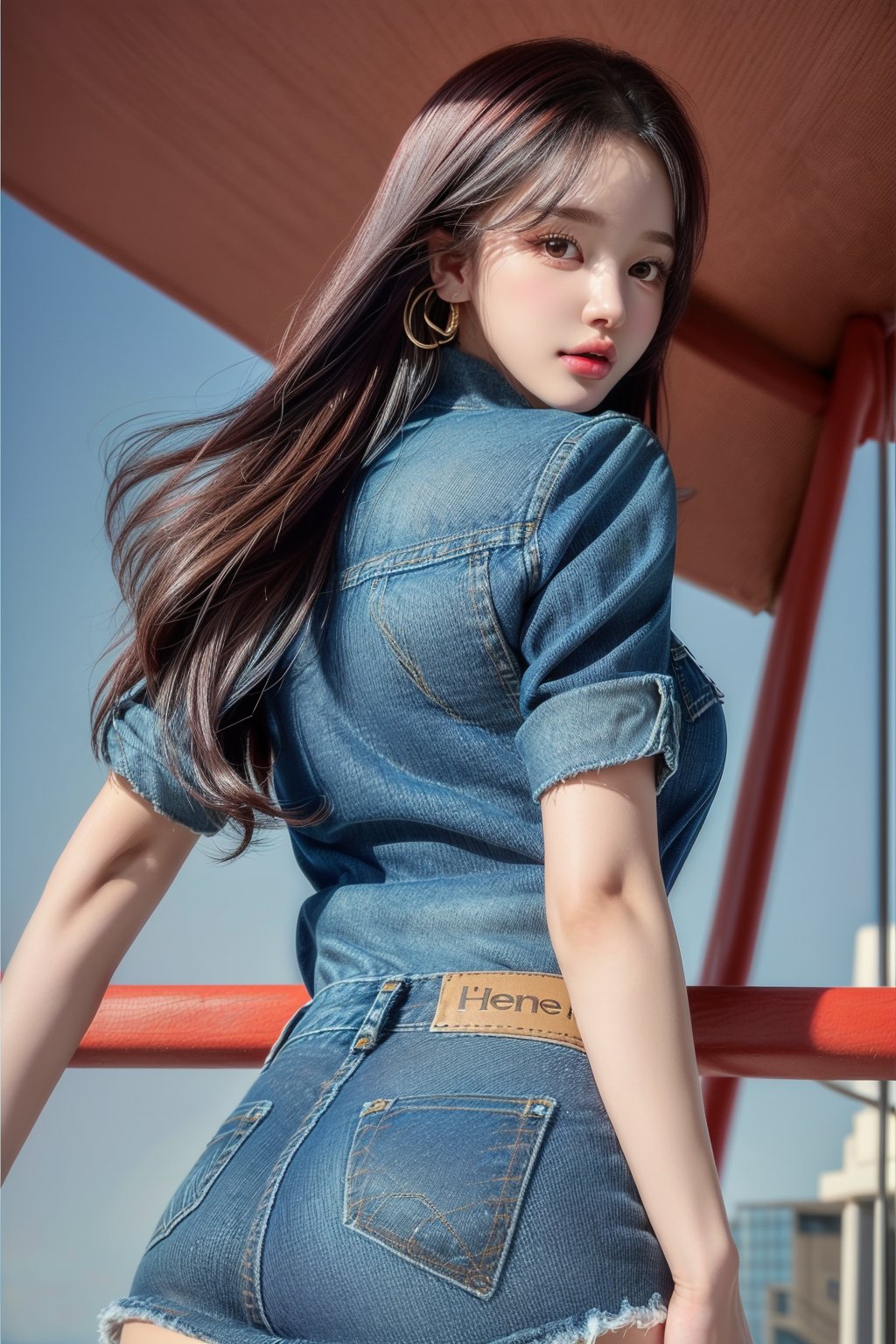 1 girl , solo, Hani, realistic, ((32K CG, UHD, Highly Detail)), (Intricate Detail:1.3), (Highest Quality:1.3), (Masterpiece:1.3), (Surreal:1.3), {beautiful and detailed eyes}, glossy lips, perfect body, lean body, long legs, Glamor body type, delicate facial features, ((a girl wearing denim shirts and short denim skirt)), ear_rings, from_behind