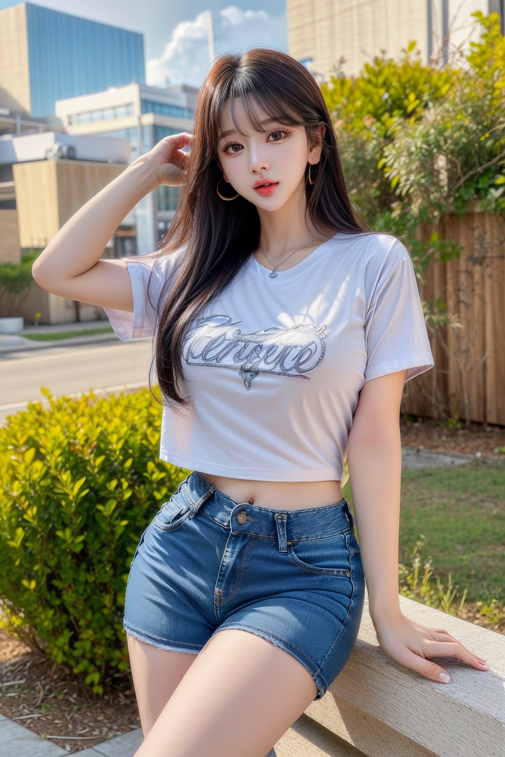 1 girl , solo, Hani, realistic, (HDR:1.4), {beautiful and detailed eyes}, glossy lips, perfect body, lean body, long legs, Glamor body type, delicate facial features, Sexy Pose, ((a girl wearing t-shirts and short jeans)), ear_rings, full_body