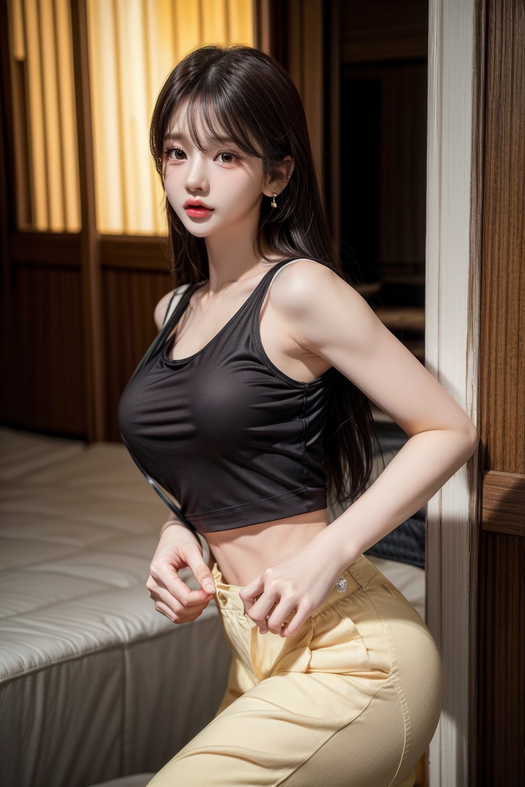 1 girl , solo, Hani, realistic, ((32K CG, UHD, Highly Detail)), (Intricate Detail:1.3), (Highest Quality:1.3), (Masterpiece:1.3), (Surreal:1.3), {beautiful and detailed eyes}, glossy lips, perfect body, lean body, long legs, Glamor body type, delicate facial features, ((a girl wearingfashionable tank top, baggy pants)), ear_rings, from_side