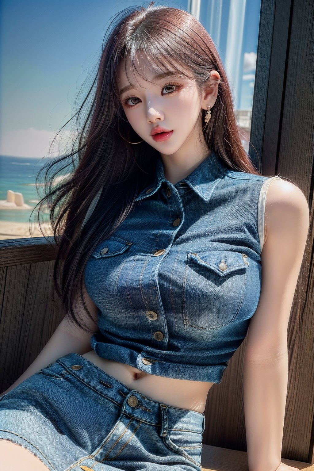 1 girl , solo, Hani, realistic, ((32K CG, UHD, Highly Detail)), (Intricate Detail:1.3), (Highest Quality:1.3), (Masterpiece:1.3), (Surreal:1.3), {beautiful and detailed eyes}, glossy lips, perfect body, lean body, long legs, Glamor body type, delicate facial features, ((a girl wearing denim shirts and short denim skirt)), ear_rings