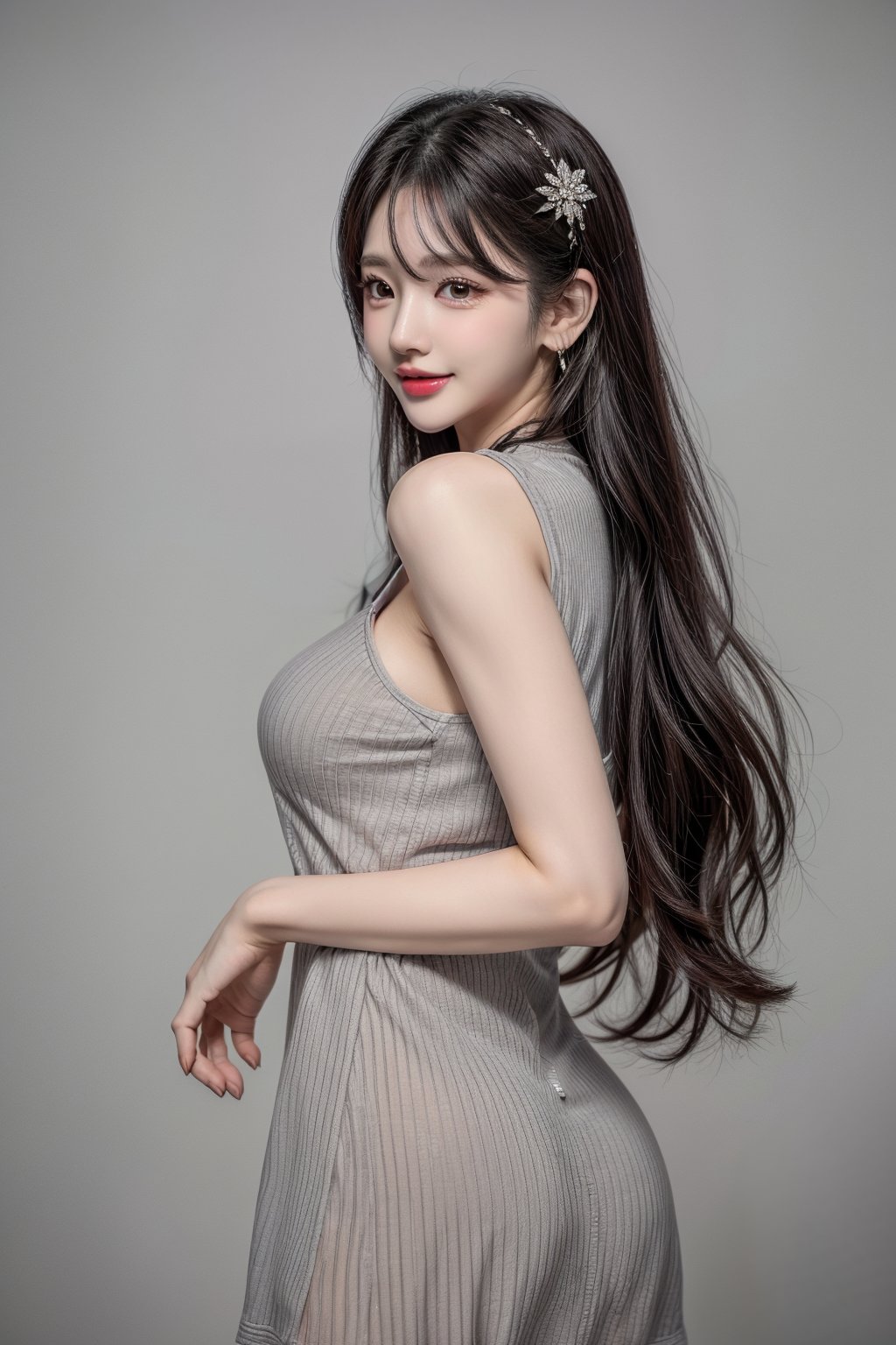 1 girl , solo, Hani, realistic, ((32K CG, UHD, Highly Detail)), (Intricate Detail:1.3), (Highest Quality:1.3), (Masterpiece:1.3), (Surreal:1.3), {beautiful and detailed eyes}, glossy lips, perfect body, lean body, long legs, Glamor body type, delicate facial features, ((a girl wearing grey cotton dress)), happy smile, ear_rings, from_side, full_body