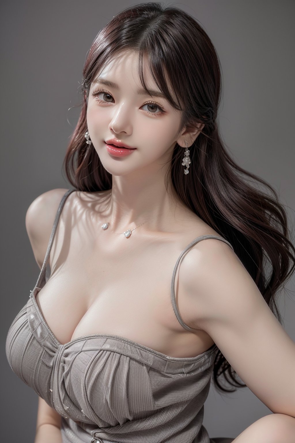 1 girl , solo, Hani, realistic, ((32K CG, UHD, Highly Detail)), (Intricate Detail:1.3), (Highest Quality:1.3), (Masterpiece:1.3), (Surreal:1.3), {beautiful and detailed eyes}, glossy lips, perfect body, lean body, long legs, Glamor body type, delicate facial features, ((a girl wearing grey cotton dress)), happy smile, ear_rings, full_body