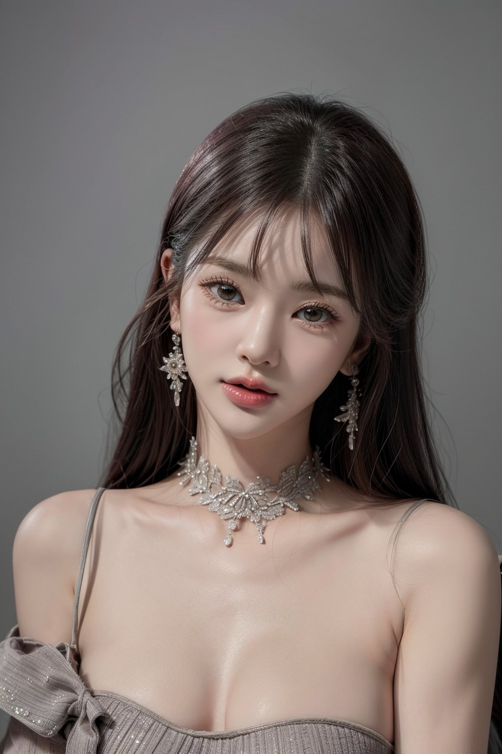 1 girl , solo, Hani, realistic, ((32K CG, UHD, Highly Detail)), (Intricate Detail:1.3), (Highest Quality:1.3), (Masterpiece:1.3), (Surreal:1.3), {beautiful and detailed eyes}, glossy lips, perfect body, lean body, long legs, Glamor body type, delicate facial features, ((a girl wearing grey cotton dress)), happy smile, ear_rings, full_body high heal