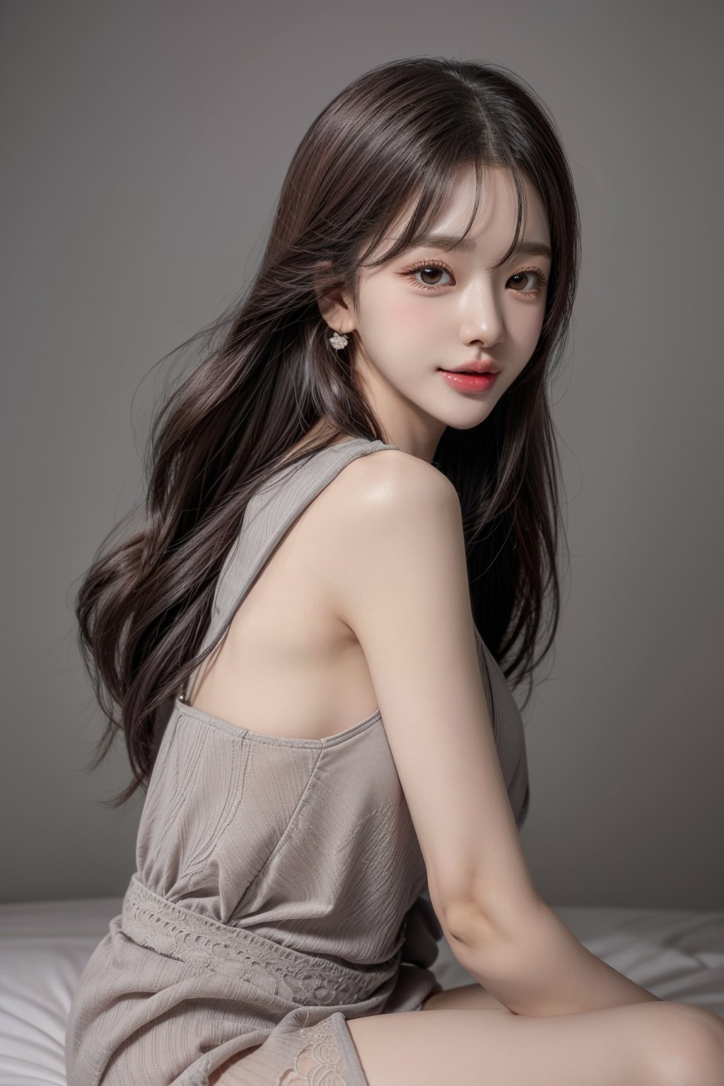 1 girl , solo, Hani, realistic, ((32K CG, UHD, Highly Detail)), (Intricate Detail:1.3), (Highest Quality:1.3), (Masterpiece:1.3), (Surreal:1.3), {beautiful and detailed eyes}, glossy lips, perfect body, lean body, long legs, Glamor body type, delicate facial features, ((a girl wearing grey cotton dress)), happy smile, ear_rings, full_body, from_side