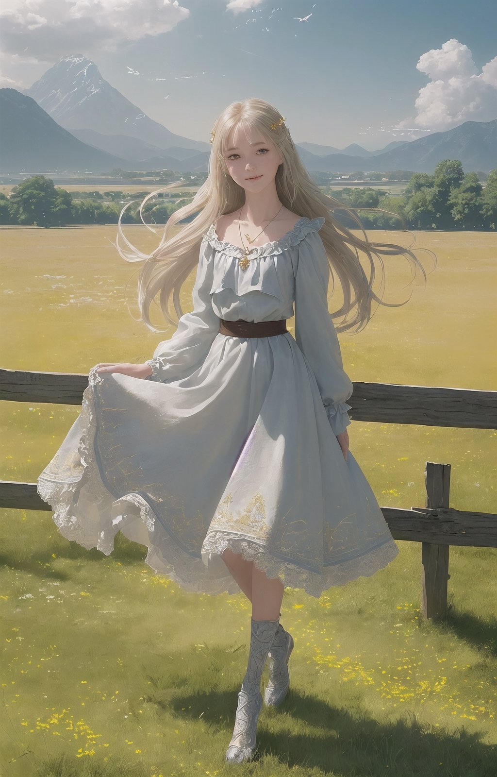 {masterpiece},{best quality},{1girl},Amazing,beautiful detailed eyes,solo,finely detail,Depth of field,extremely detailed CG,original, extremely detailed wallpaper,{{highly detailed skin}},{{messy_hair}},{small_breasts},{{longuette},{grassland},{yellow eyes},full body, incredibly_absurdres,{gold hair}.lace,floating hair,Large number of environments,the medieval ,grace,A girl leaned her hands against the fence,ultra-detailed,illustration, birds,Altocumulus,8kwallpaper,hair_hoop,long_hair,gem necklace,hair_ornament,prospect,water eyes,wind,breeze,god ray,lawn,Mountains and lakes in the distance,The skirt sways with the wind,The sun shines through the trees,A vast expanse of grassland,fence,Blue sky,bloom,smile,glow,The grass sways in the wind