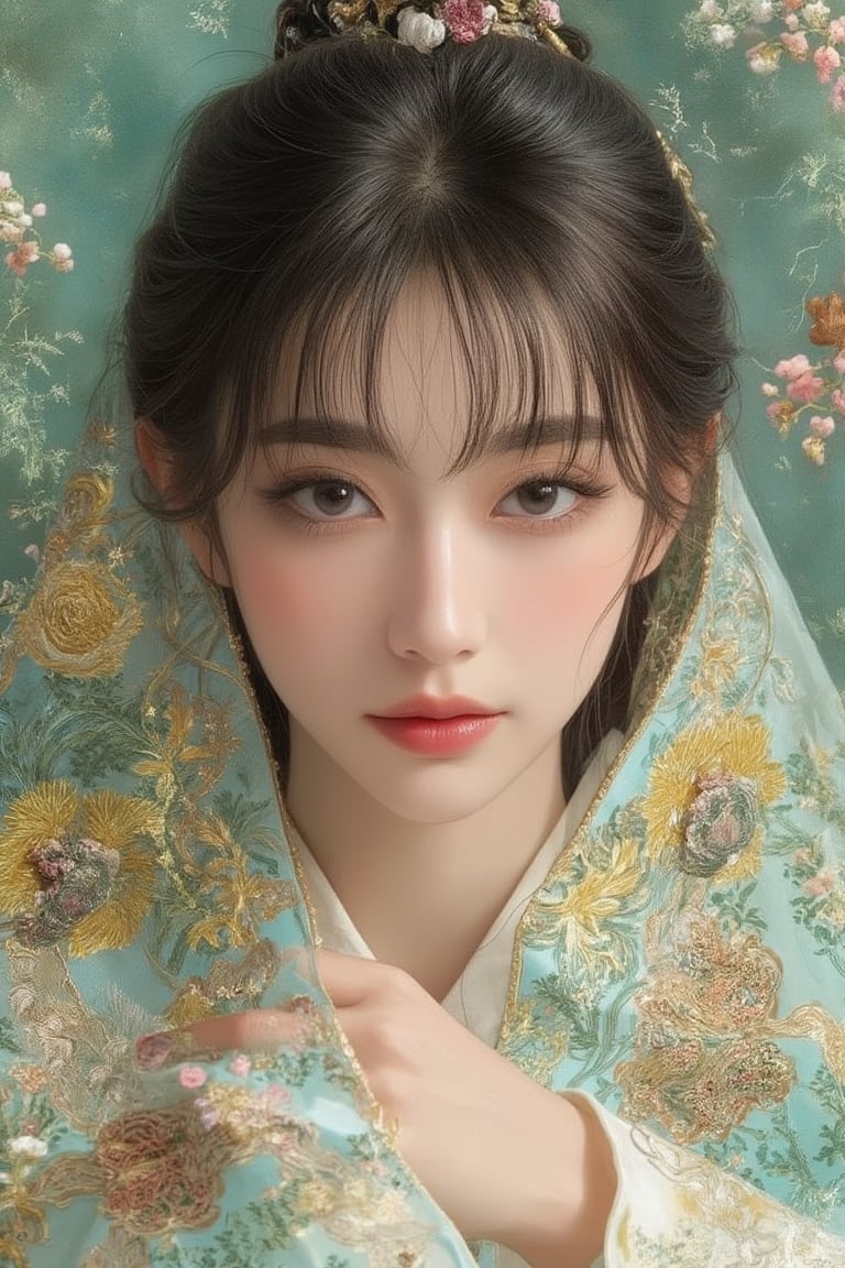 Ultra-detailed and ultra-realistic portrait, a beautiful Japanese girl with long wavy black hair and dull bangs. She wears traditional Chinese Hanfu in white, yellow and green earth tones, and her arms are decorated with colorful and complex geometric patterns and decorative embroidery. Her almond-shaped black eyes and long eyelashes are bright and charming. The scene is framed in the style of aw0k joy, perfectly imitated by TaisaSDXL, dal, ct-identityV2. Shot at the height of the eyes, the composition highlights the complex textiles and her charming expression.,Yayun Danqing,Pale cyan costumes