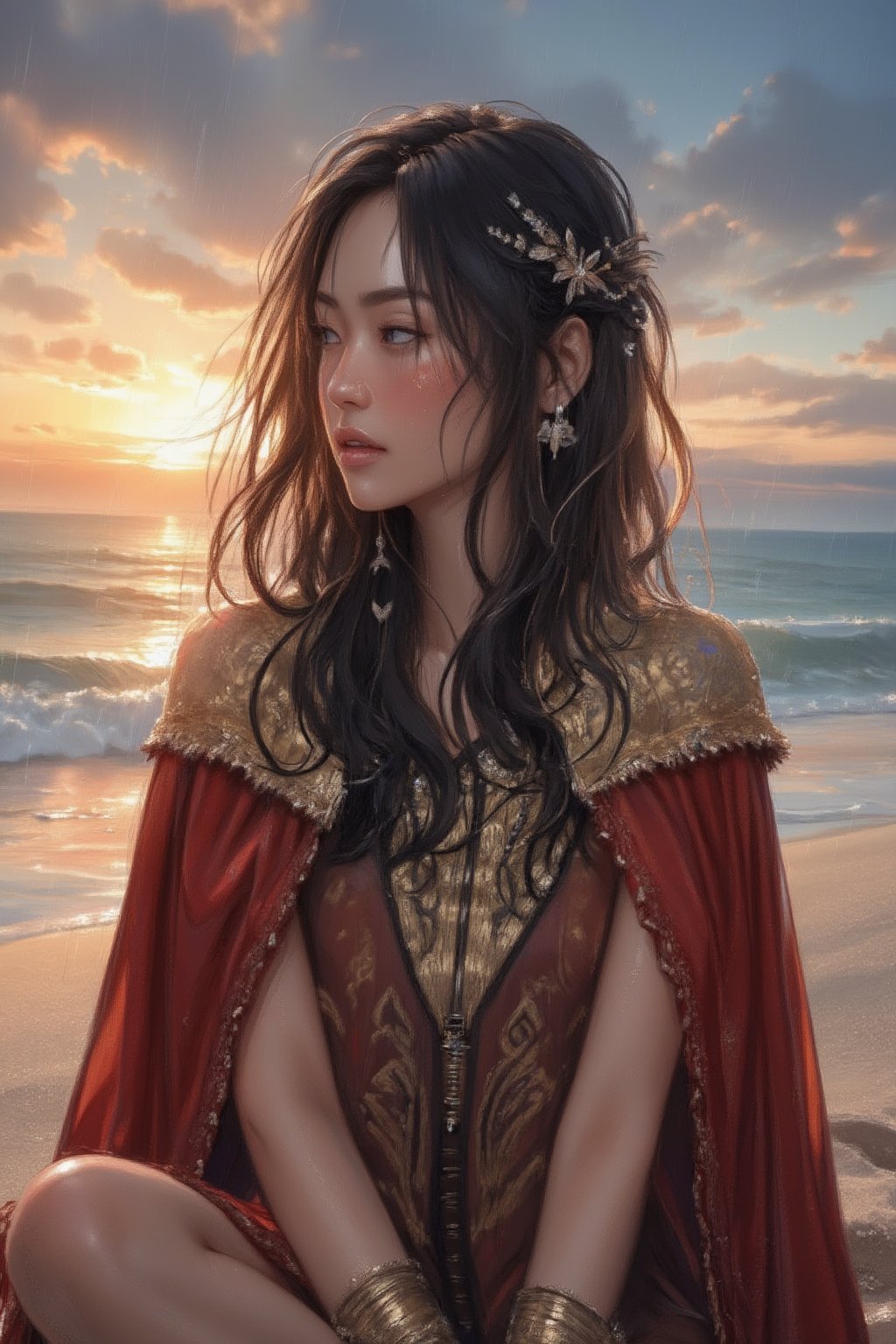 Score_9, sccore_8, Score_7, woman with Nordic clothing, accessories and earrings in her hair and face, traditional painting and ceremonial tattoos, sitting on the sand watching the sunset on the beach, noon, sea, ocean, a few drops of rain, anime style,VNS_Genshin Impact, perfect body, 