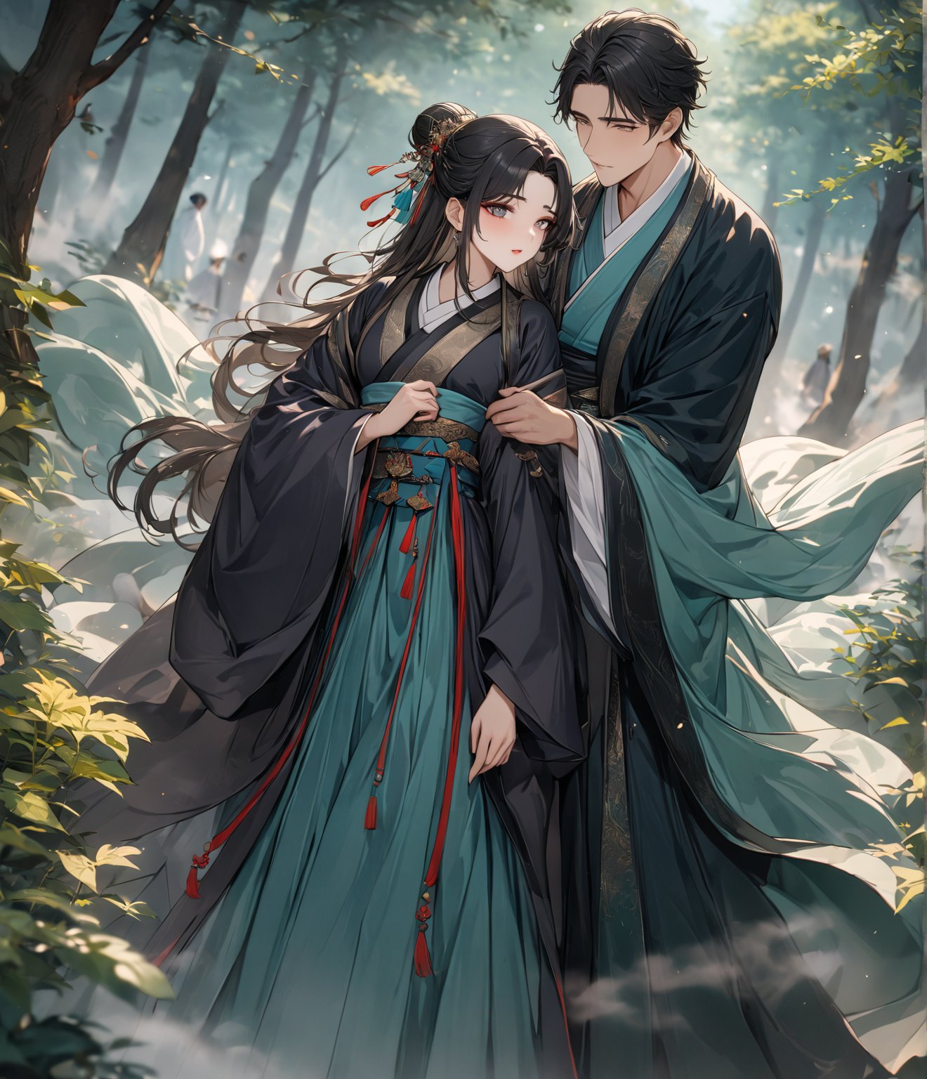 (masterpiece, high quality, 8K resolution, ultra detailed),A couple, a tall and handsome man, wearing an ancient black Hanfu, a beautiful woman with charming makeup, smoky eye shadow, black hair, depth of field, Hanbok, long sleeves, best quality, SFW, fog magic forest, Dunhuang