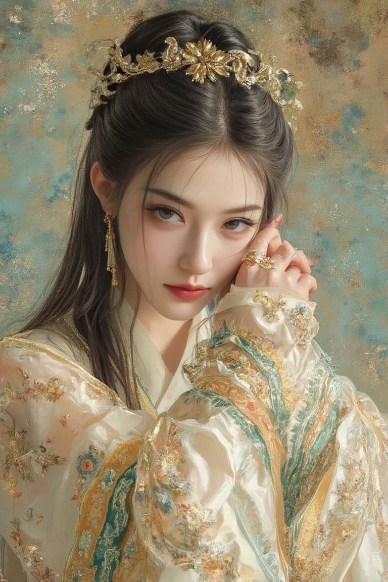 Ultra-detailed and ultra-realistic portrait, a beautiful Japanese girl with long wavy black hair and dull bangs. She wears traditional Chinese Hanfu in white, yellow and green earth tones, and her arms are decorated with colorful and complex geometric patterns and decorative embroidery. Her almond-shaped black eyes and long eyelashes are bright and charming. The scene is framed in the style of aw0k joy, perfectly imitated by TaisaSDXL, dal, ct-identityV2. Shot at the height of the eyes, the composition highlights the complex textiles and her charming expression.,Yayun Danqing,Pale cyan costumes