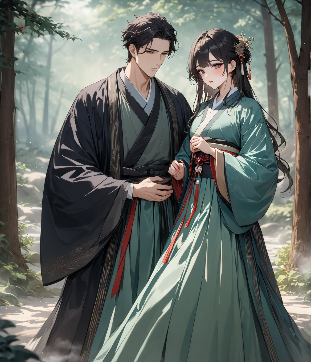 (masterpiece, high quality, 8K resolution, ultra detailed),A couple, a tall and handsome man, wearing an ancient black Hanfu, a beautiful woman with charming makeup, smoky eye shadow, black hair, depth of field, Hanbok, long sleeves, best quality, SFW, fog magic forest, Dunhuang