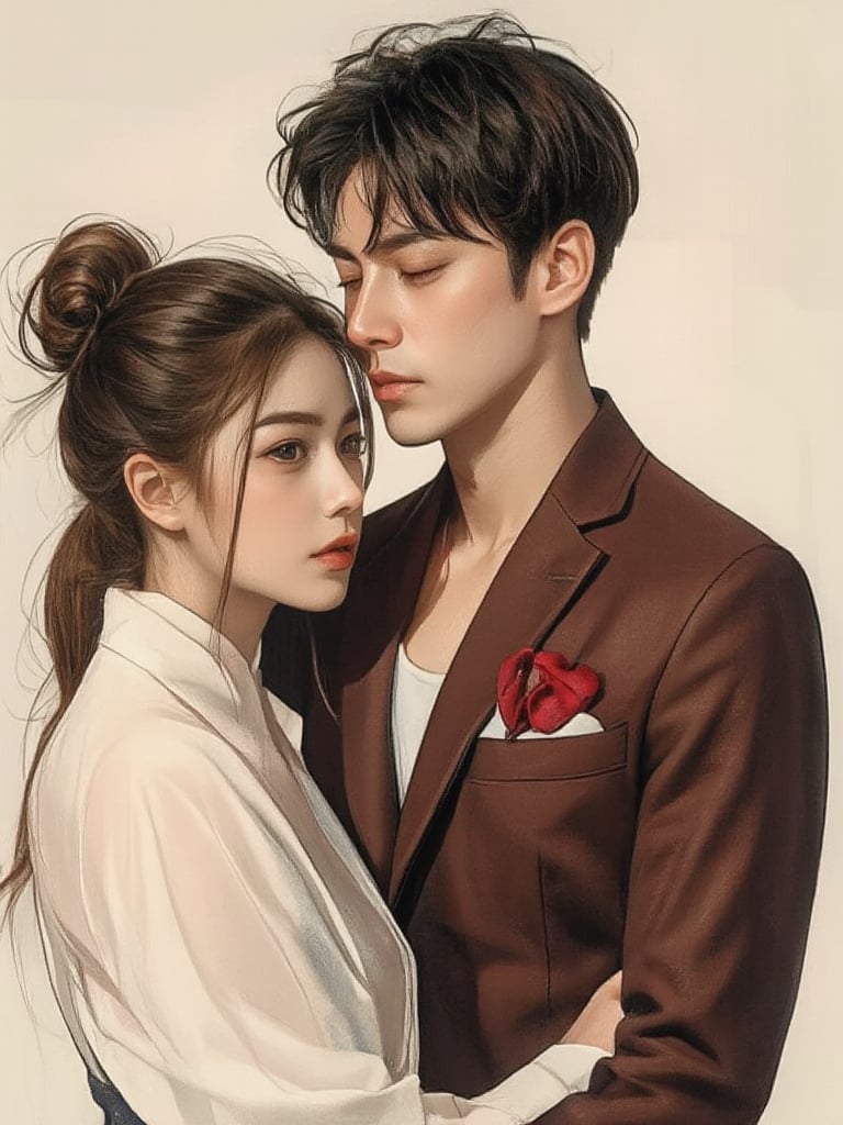 A couple,A man and a woman, fashionable posture,hug,kiss, beautiful Asian beauties and handsome men,with a tall, sexy, and well-proportioned figure, dressed in fashionable clothes with a stylish, aristocratic feel that is both casual and elegant. The artwork features a detailed, realistic depiction in watercolor and gouache, showcasing a lifelike quality and masterpiece status. The 128K resolution captures colored light wavelengths, attractive reflections, and a fine gouache sketch in the center. The modern art style highlights the beauty's allure and sophistication.,3d render,(masterpiece:1.3), (8k, photorealistic, RAW photo, best quality: 1.4), (1girl), beautiful face, (realistic face), beautiful hairstyle, realistic eyes, beautiful detailed eyes, (realistic skin), beautiful skin, clean skin, ultra high res, ultra realistic, hightly detailed, golden ratio,dal,dal, K_GIRL