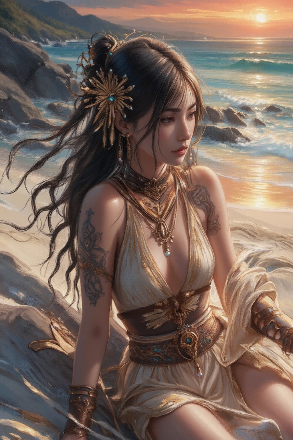 Score_9, sccore_8, Score_7, woman with Nordic clothing, accessories and earrings in her hair and face, traditional painting and ceremonial tattoos, sitting on the sand watching the sunset on the beach, noon, sea, ocean, a few drops of rain, anime style,VNS_Genshin Impact, perfect body, 