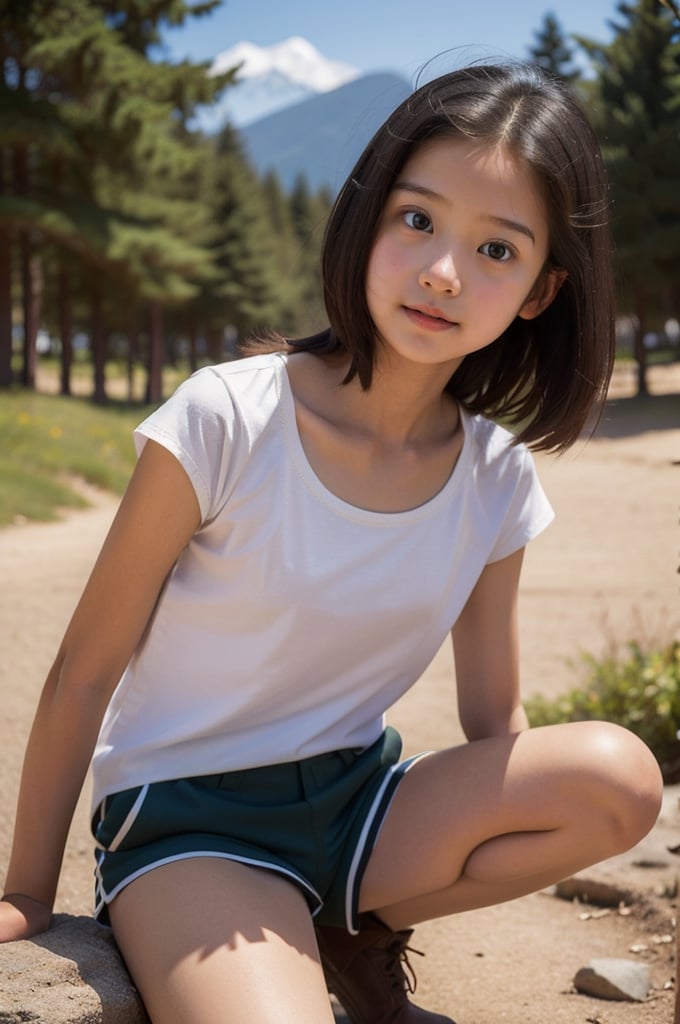 RAW photo,  best quality,  photo realistic,  master piece,  1girl,  solo,  Korean girl,  12 years old,  cute,  innocent look,
(((little girl’s body))),  (((petite body))),  small breasts,  flat_chest,  slim body,  [[[Nipples]]],  [pokey nipples],  [pokies], 

Front view, looking far away,
Little smile, shy, blush, 

Hiking on a dirt trail,  

Short black hair,  messy hair,  
fully dressed, 
Wearing plain white slim t-shirt,
Brown short Khaki shorts,  
Very short shorts,
White short ankle socks,  
Brown hiking boots,  

On high Mountain,  Mountains  in the background,  Blue sky,  white cloud, 
Pine tree,  trees,  lake,
Extremely Realistic, AIDA_LoRA_valenss