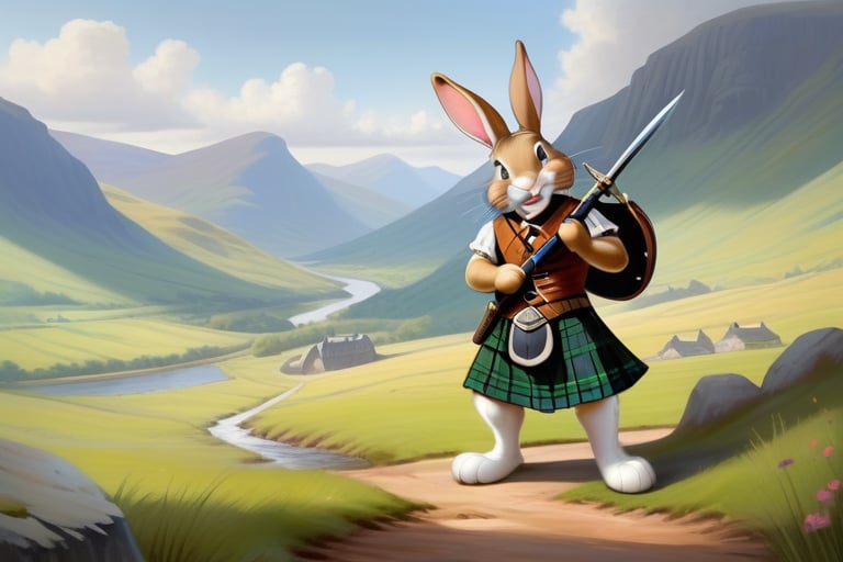 Anthropomorphic rabbit in a kilt,holding a claymore, Scottish glen scene