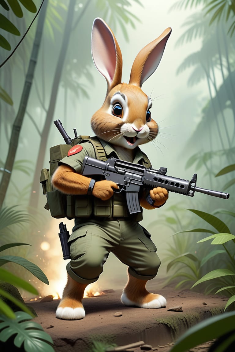 Cute Anthropomorphic rabbit dressed like rambo firing a machine gun, jungle scene