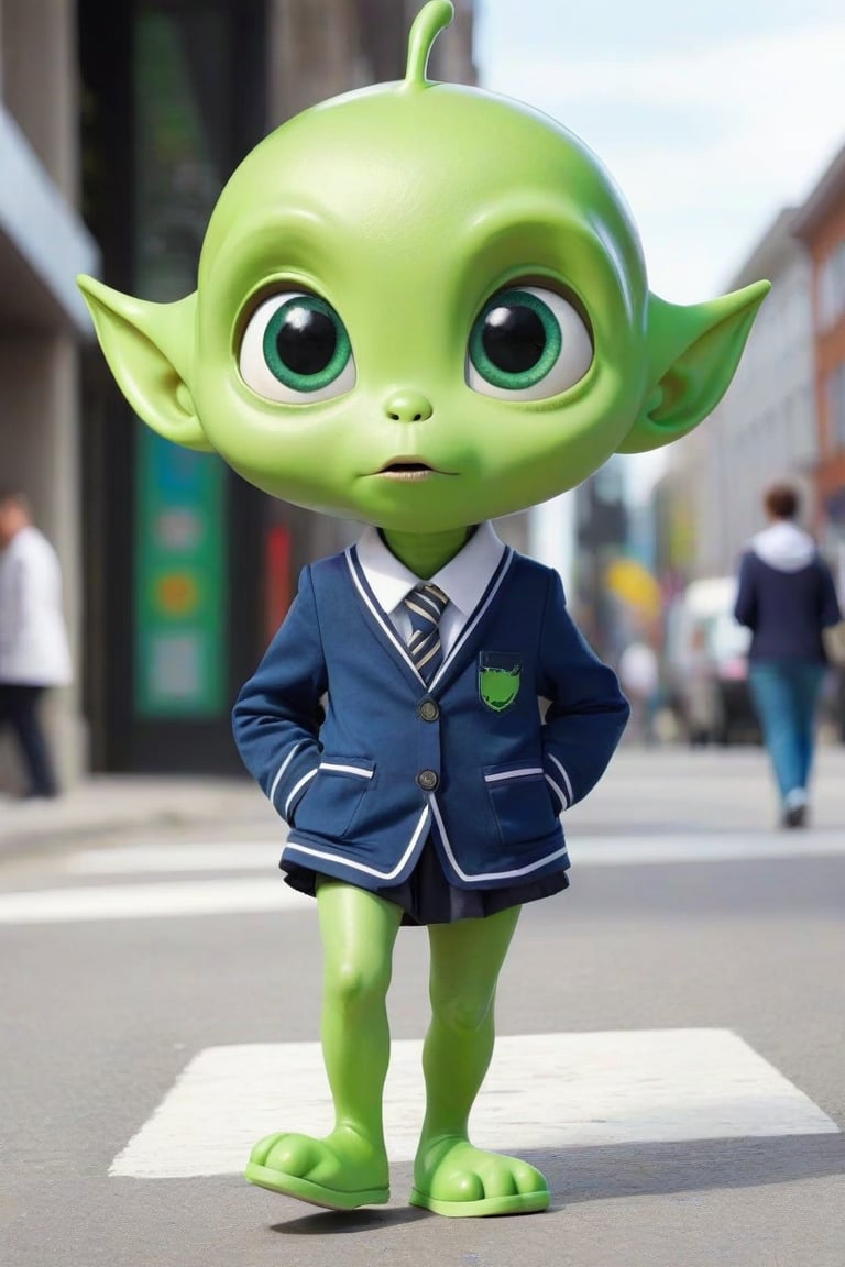 Adorable little green alien walking down public street, wearing a school uniform 
