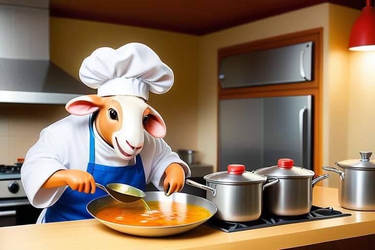 Anthropomorphic sheep wearing a chef hat cooking soup