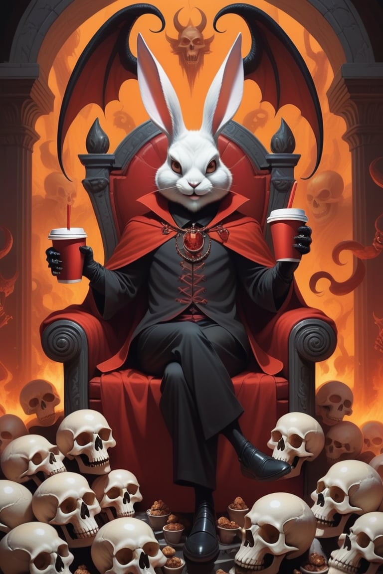 Anthropomorphic rabbit dressed as Satan holding takeaway coffee in paw, sitting on a throne of skulls in Hell 