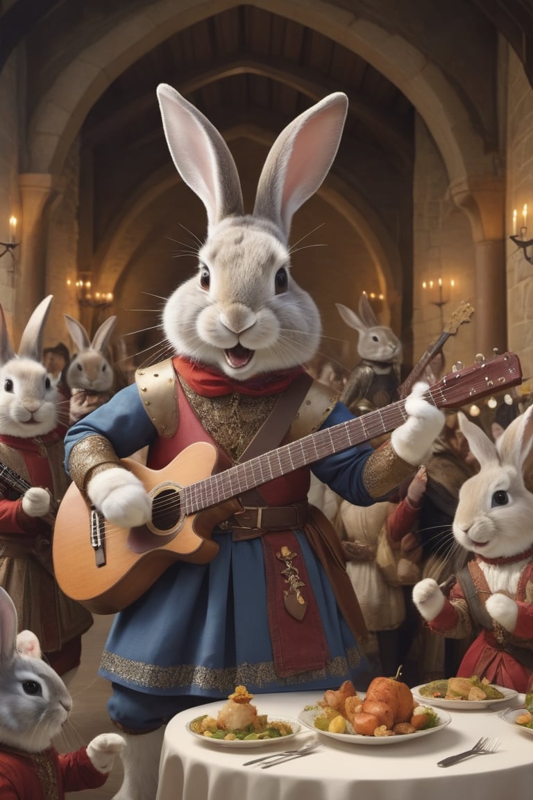 Anthropomorphic rabbit dressed as medieval minstrel, playing an electric guitar , crowded castle banquet room, cheering medieval girls