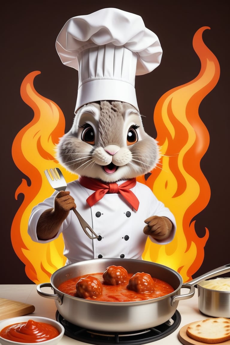 Cute Anthropomorphic rabbit chef cooking flaming meatballs in marinara sauce