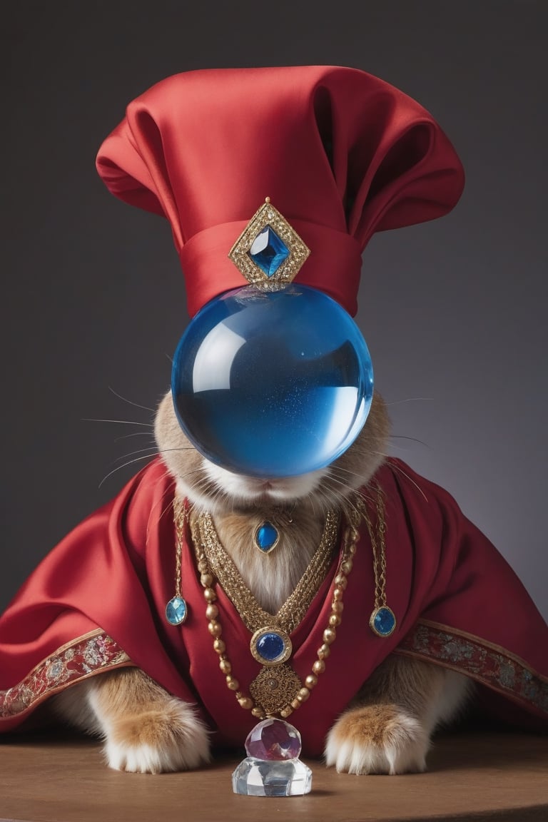 Anthropomorphic rabbit, dressed as a fortune teller, wearing a red silk turban with a sparkling blue jewel in the centre, looking into Crystal ball