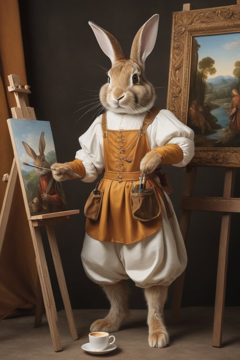 Anthropomorphic rabbit dressed as Michaelangelo, standing at an easel holding a paintbrush and a coffee cup, renaissance art studio, beautiful painting of a woman on the easel