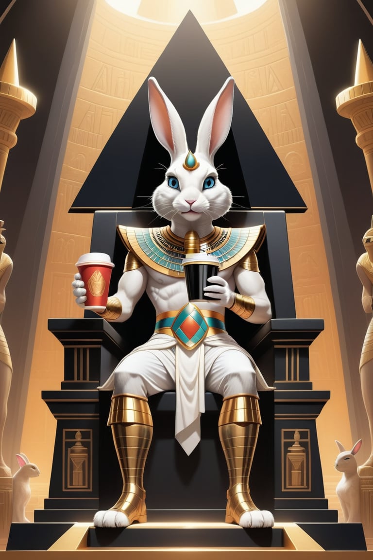 Anthropomorphic rabbit dressed as an Egyptian god holding takeaway coffee in paw sitting on throne, in front of a black shining pyramid 