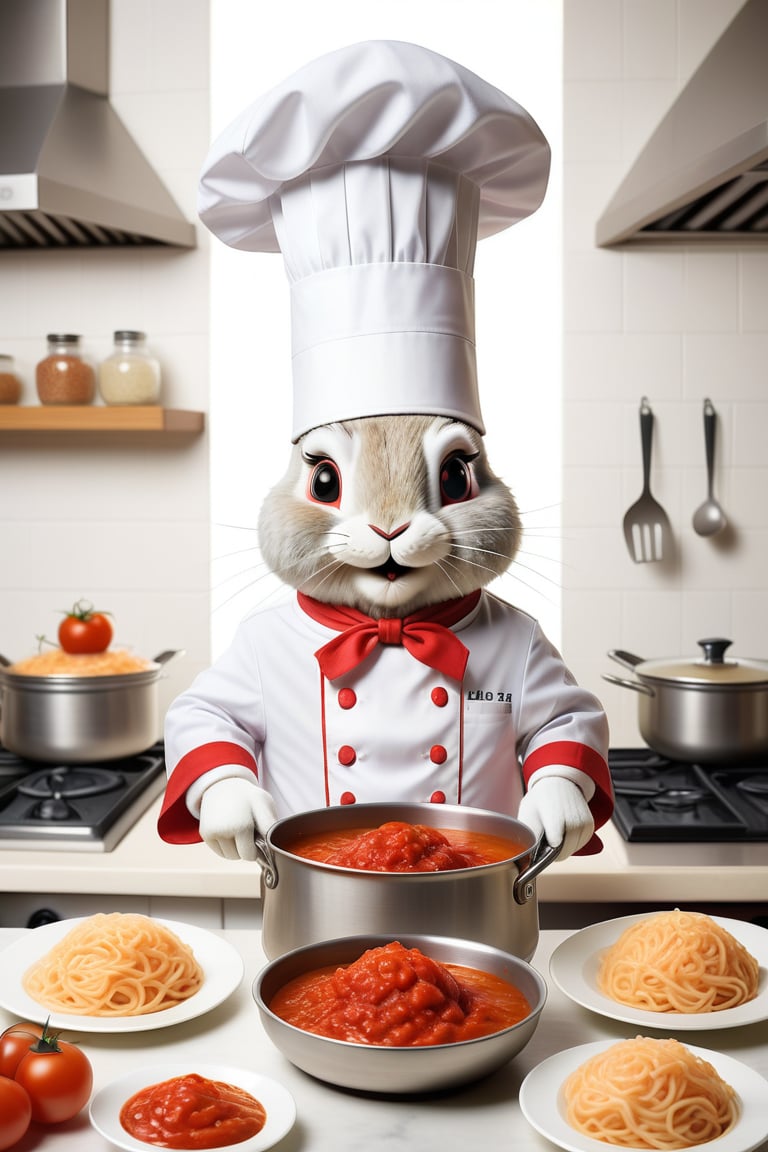 Cute Anthropomorphic rabbit chef cooking brains in marinara sauce