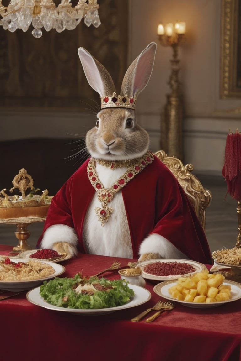 Anthropomorphic rabbit sitting at a banquet table, table covered in food, wearing red velvet robes and a big gold jewelled crown