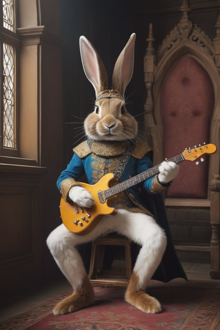 Anthropomorphic rabbit dressed as medieval minstrel, playing an electric guitar like Jimi Hendrix , castle throne room