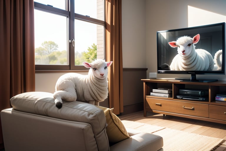 Anthropomorphic lamb inside a television 