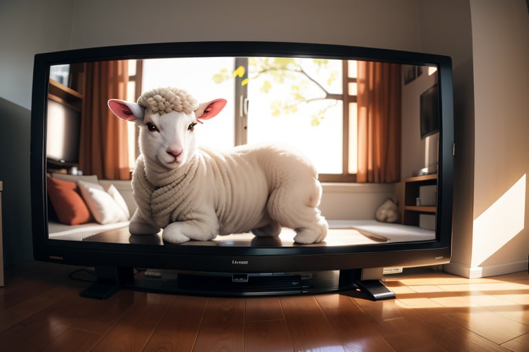 Anthropomorphic lamb inside a television 